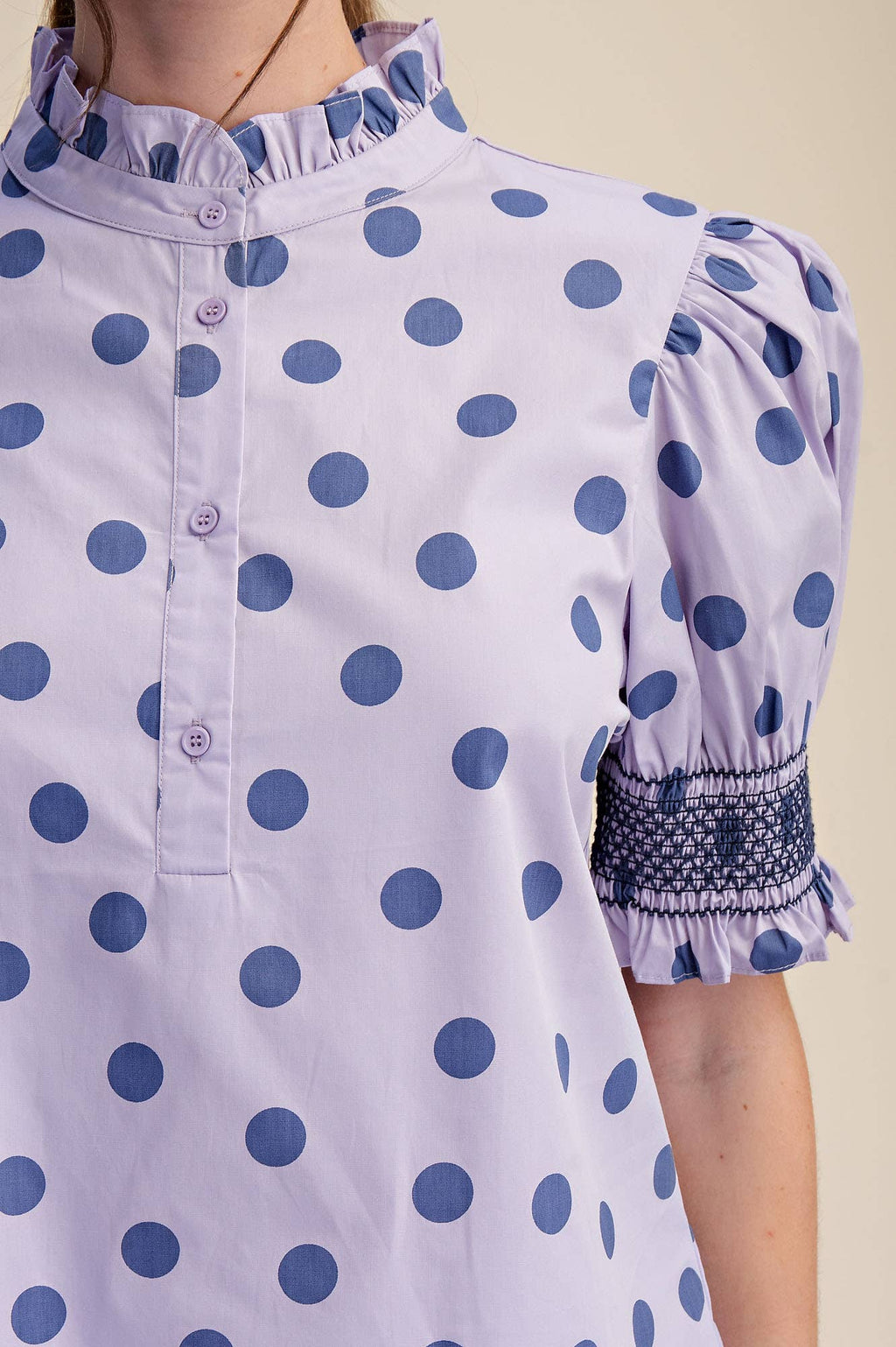 Ruffle neck Polka Dot Puff Sleeve Blouse