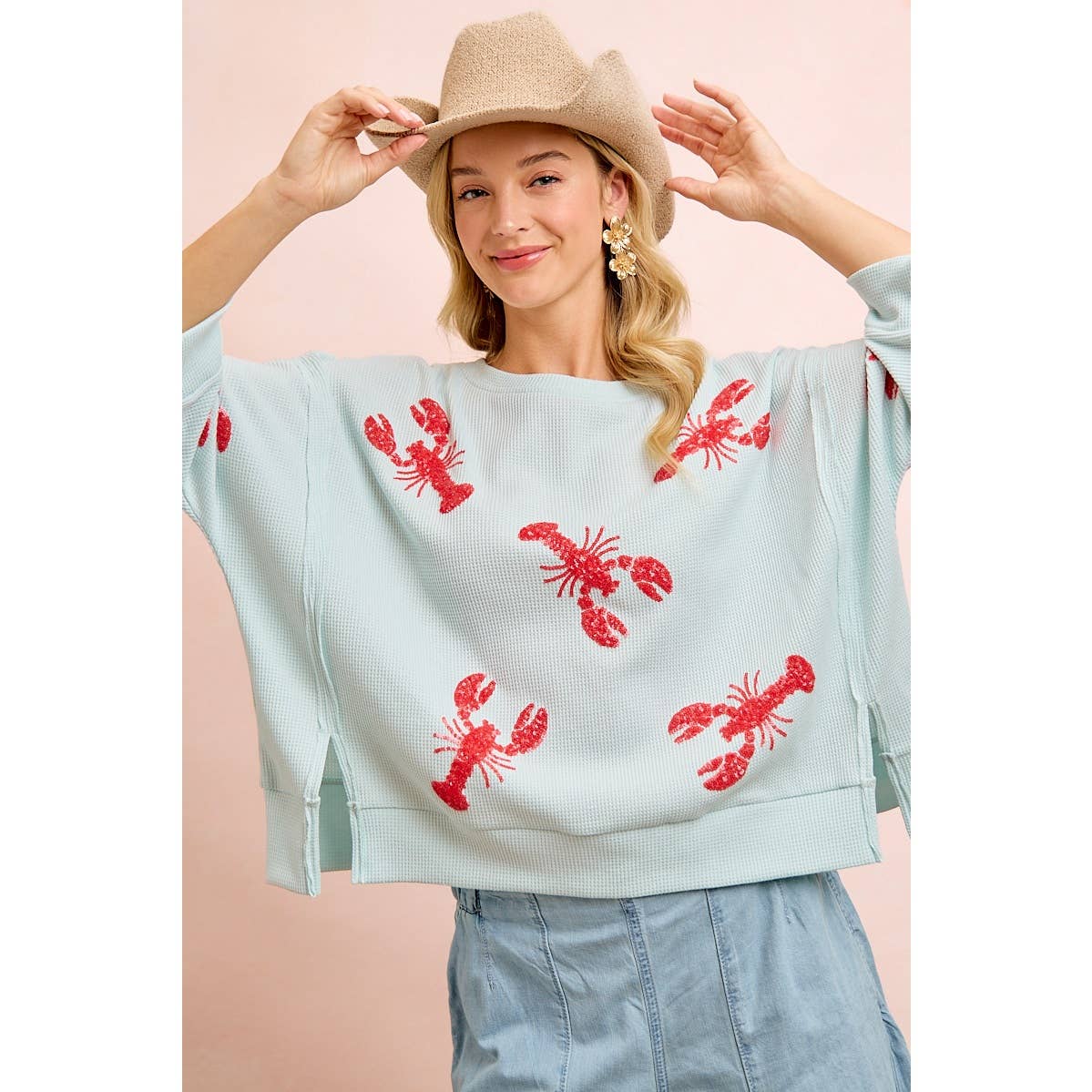 Sequin LOBSTERS PATCHED KNIT SLEEVE TOP