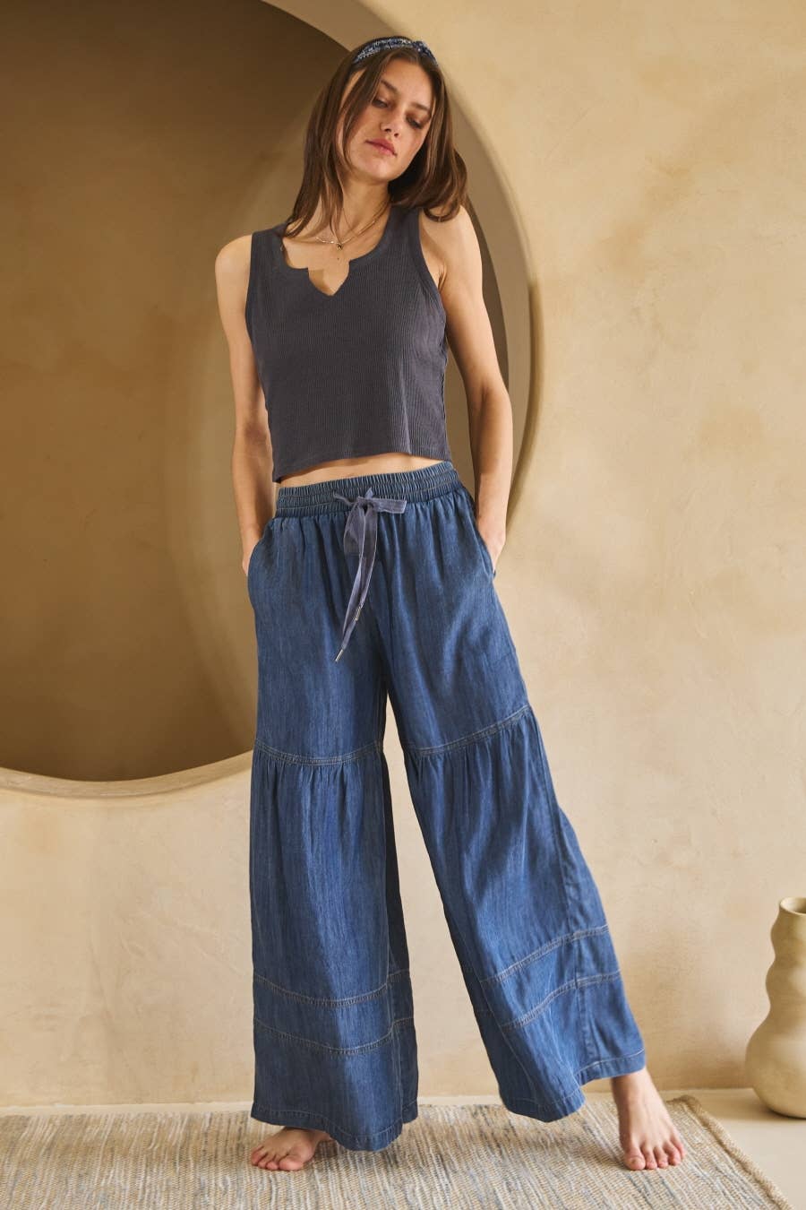 Washed Denim Wide Leg Pants