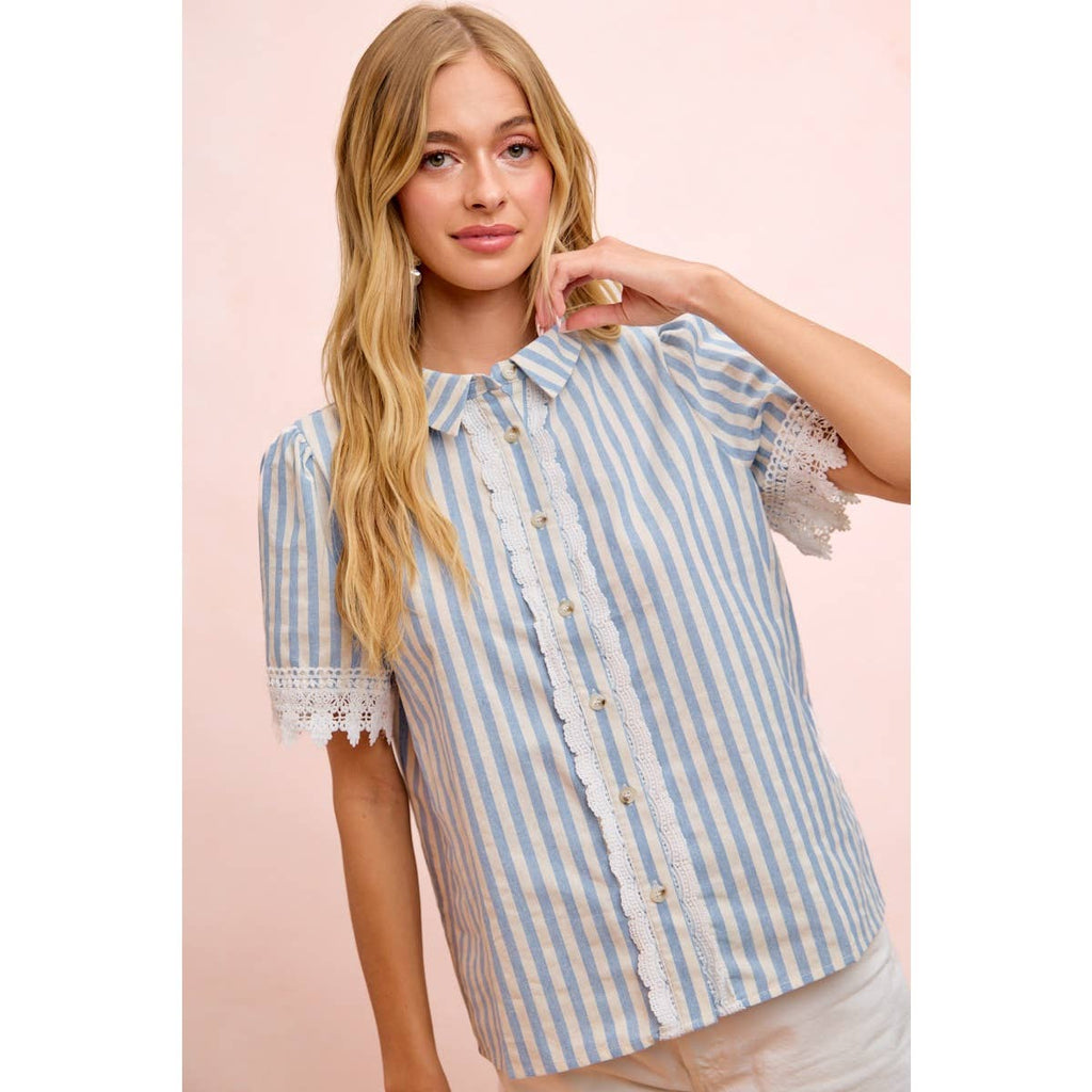 STRIPES LACE TRIM DETAIL SHORT SLEEVES BLOUSE