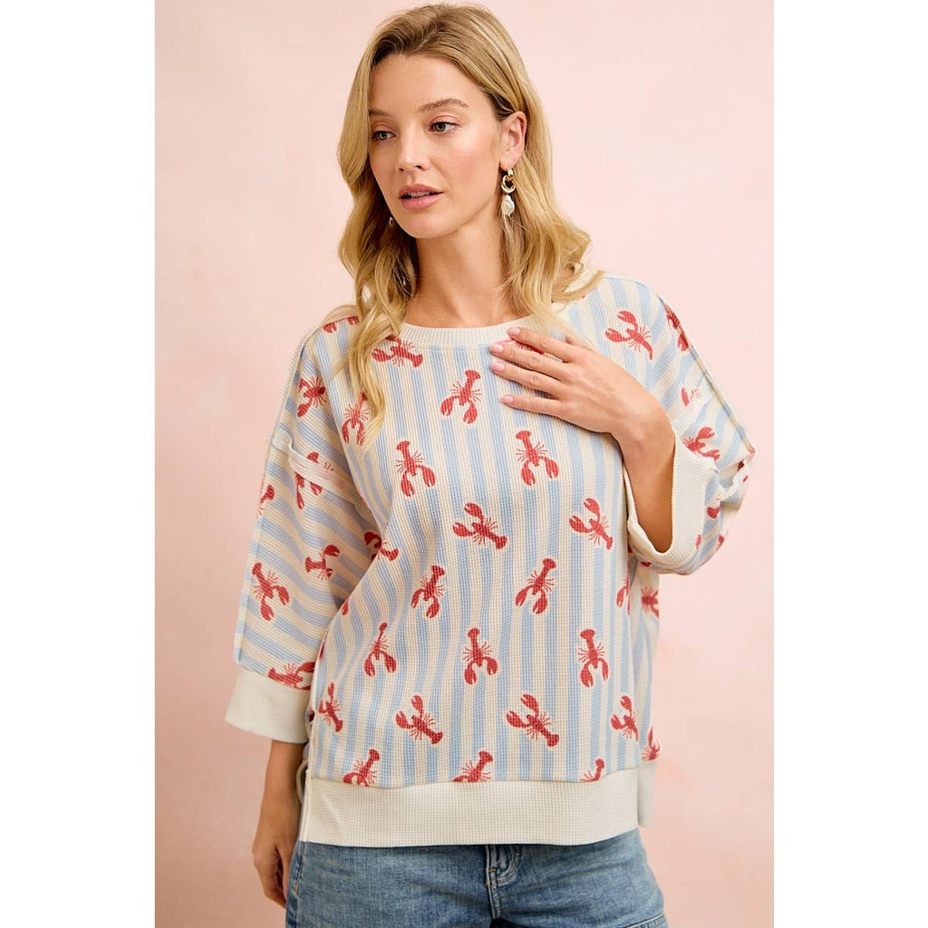 4TH OF JULY LOBSTERS STRIPE WAFFLE KNIT SLEEVE TOP