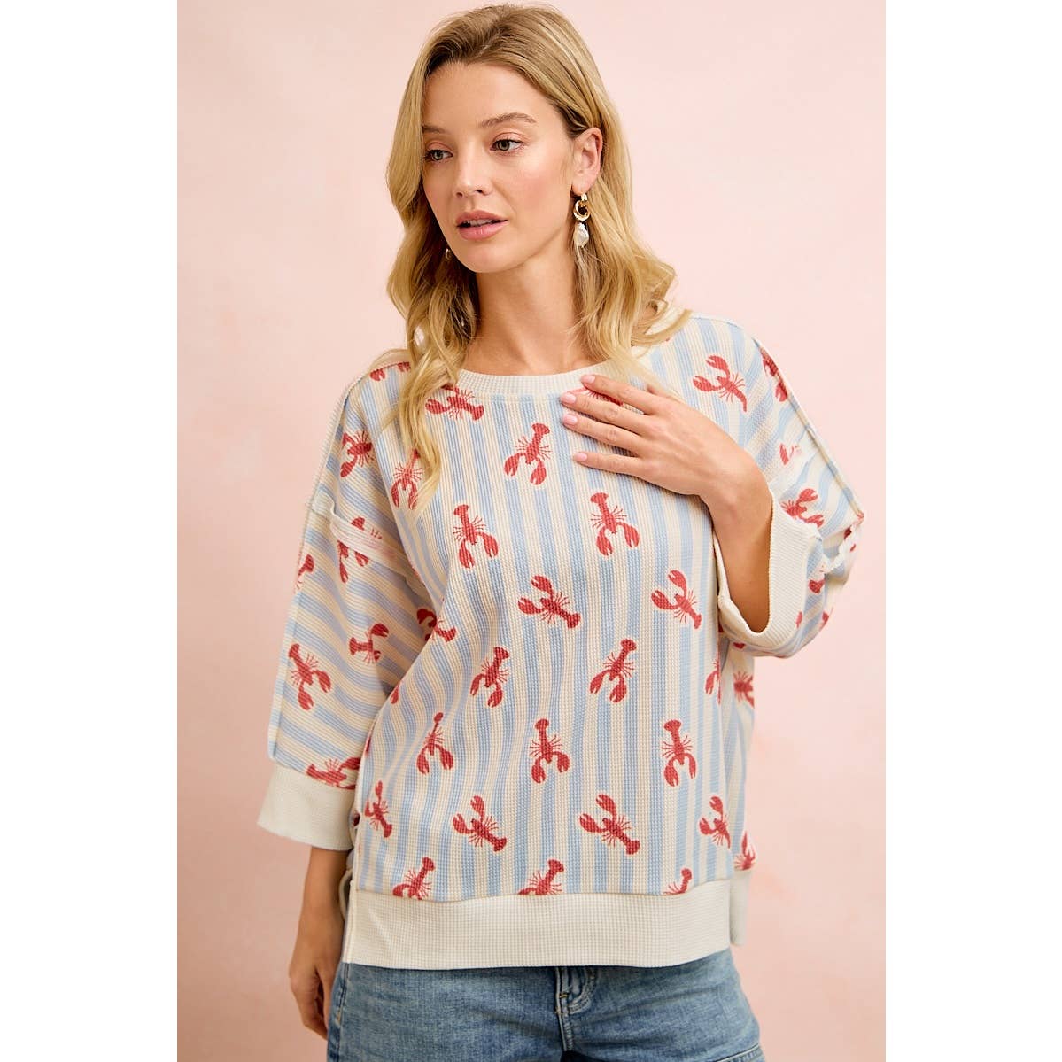 4TH OF JULY LOBSTERS STRIPE WAFFLE KNIT SLEEVE TOP