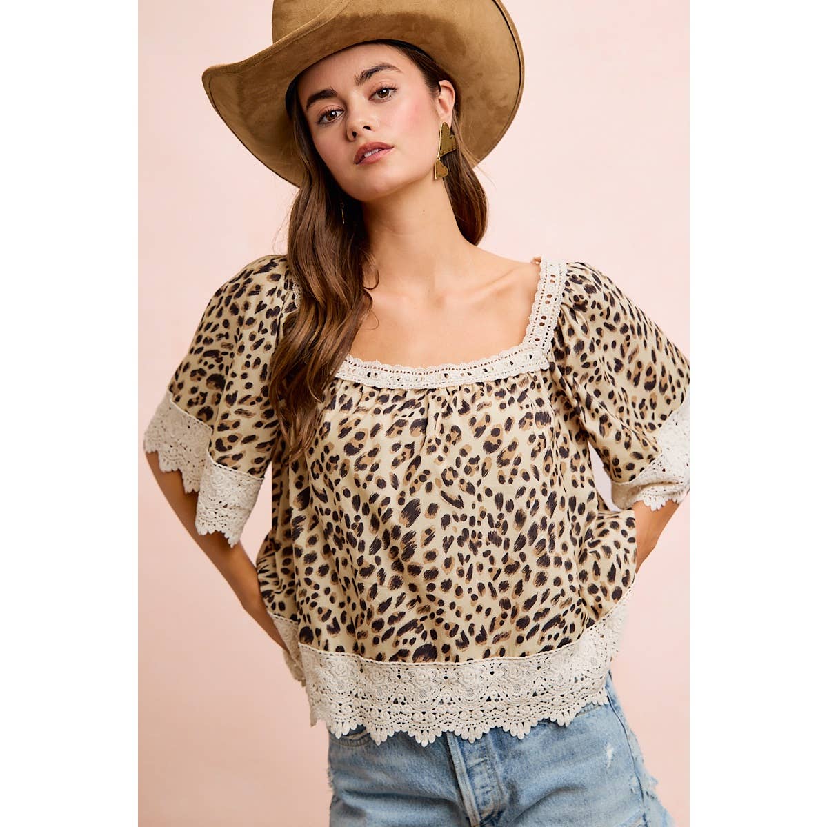 LEOPARD LACE MIX AND MATCH SQUARE NECKLINE TOP