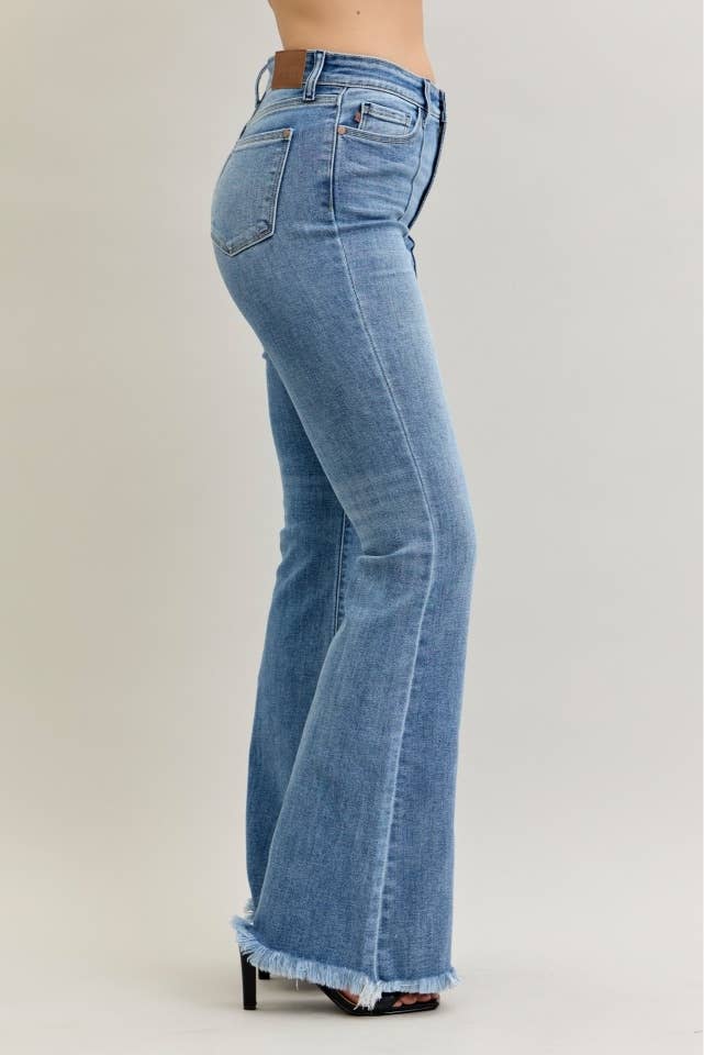 High Waisted Flare Front Pintuck Detail & Fray Hem