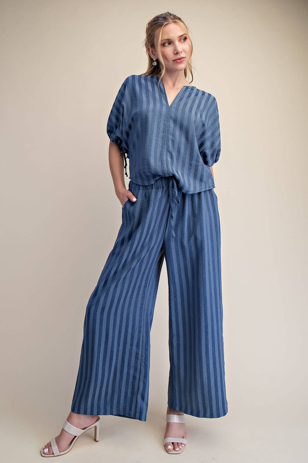 Elastic Band Drawstring Stripe Wide Pants