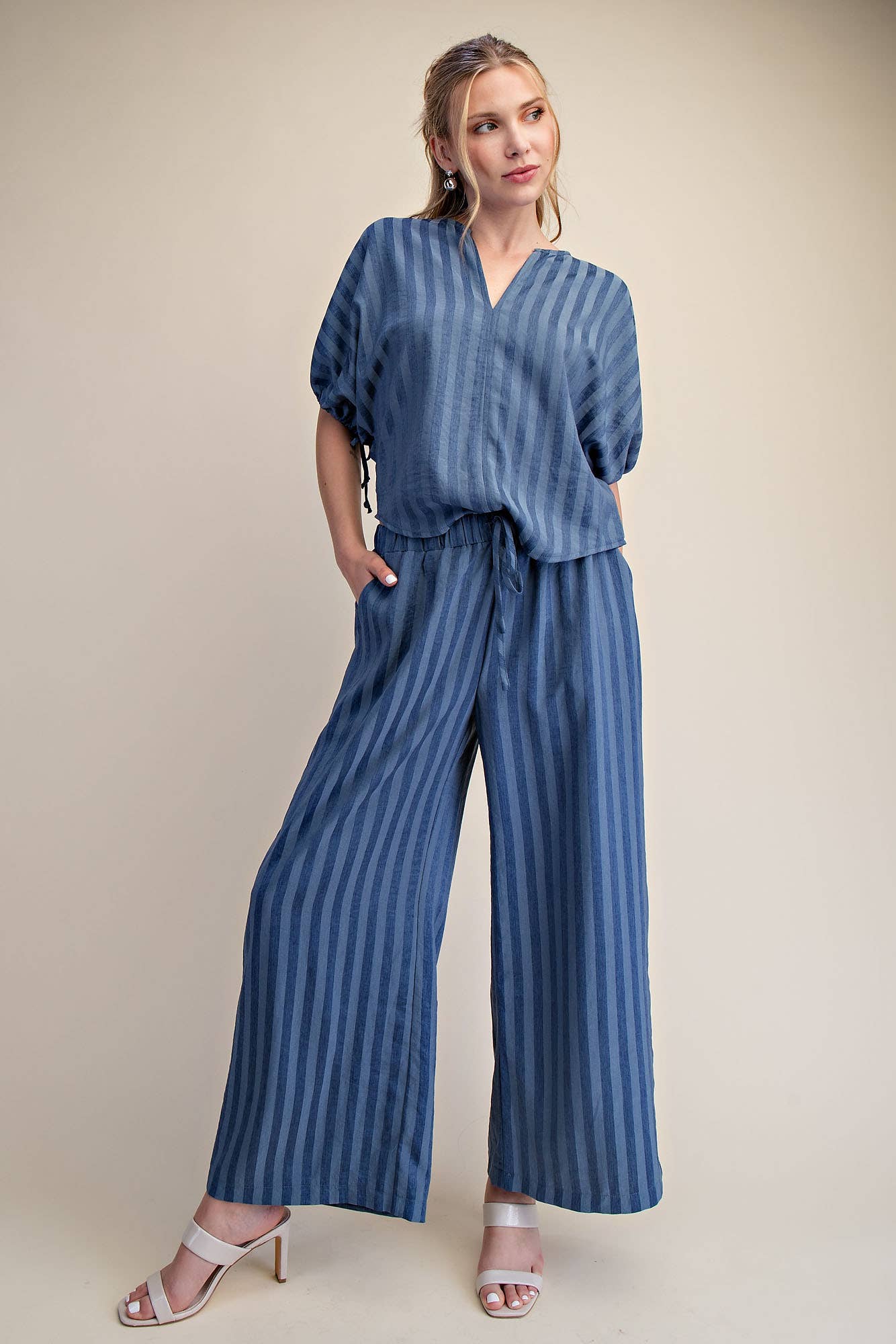 Elastic Band Drawstring Stripe Wide Pants
