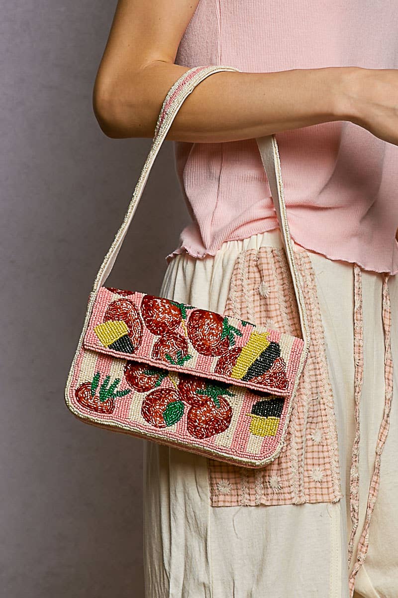Pink Beaded Fruit Pattern Shoulder Flap Bag