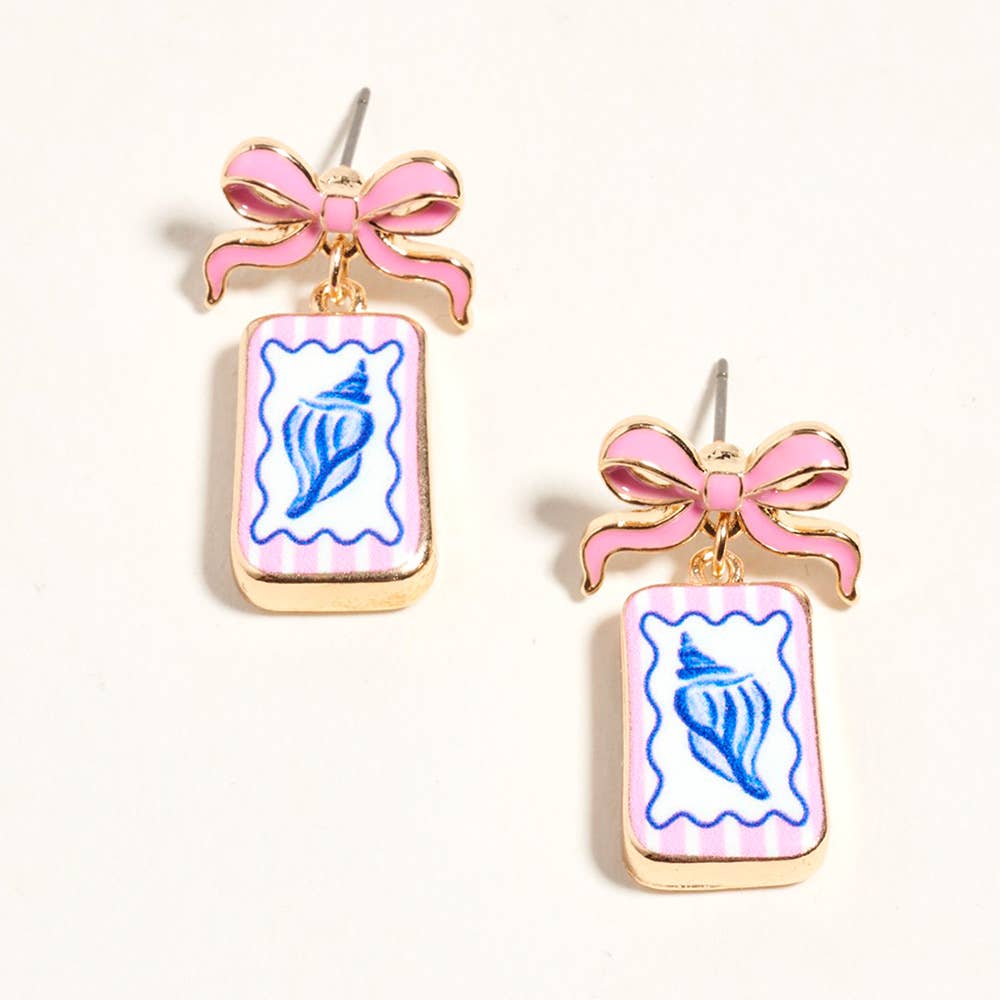 Bow Shell Print Square Frame Drop Earrings
