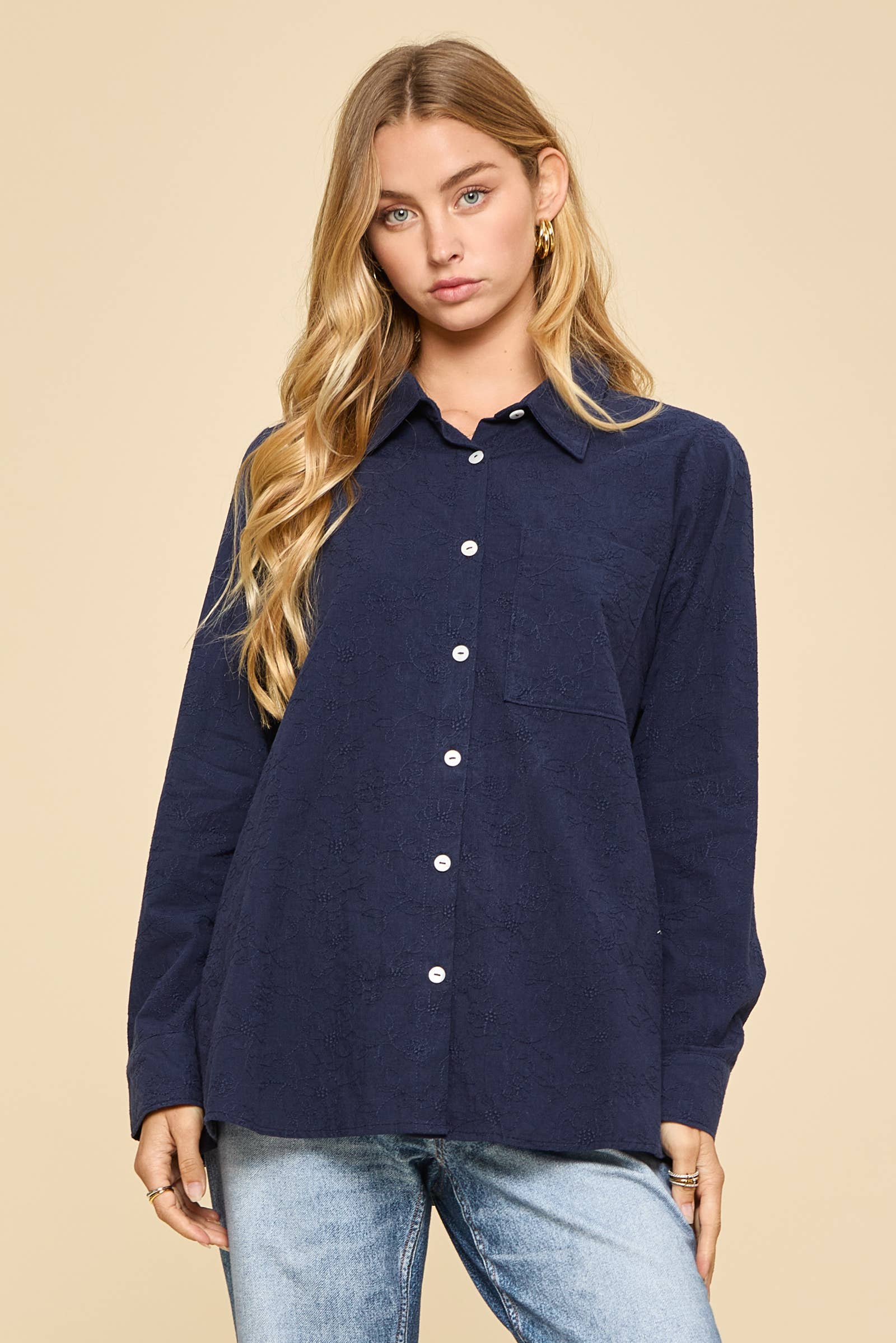 Embroidered Button-Up Blouse