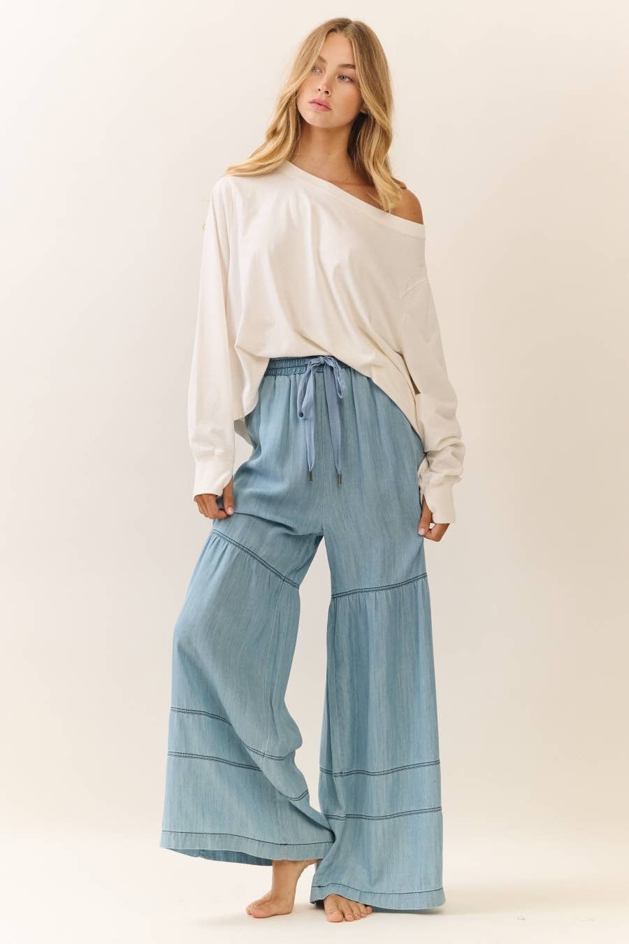 Washed Denim Wide Leg Pants