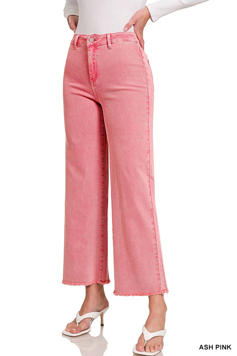 Acid Washed Frayed Cutoff Hem Straight Wide Pants