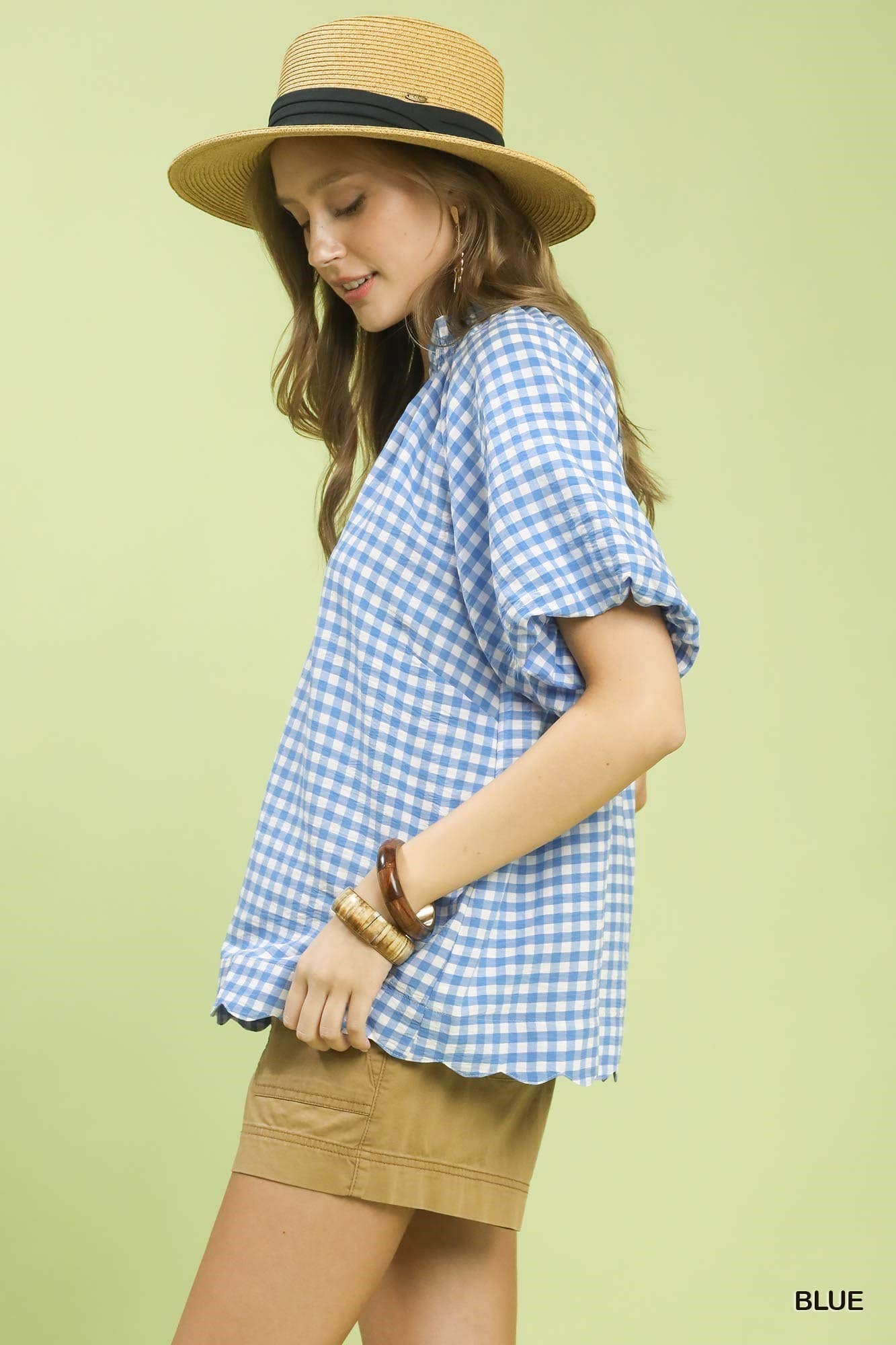 Gingham Bubble Sleeve V-neck Top