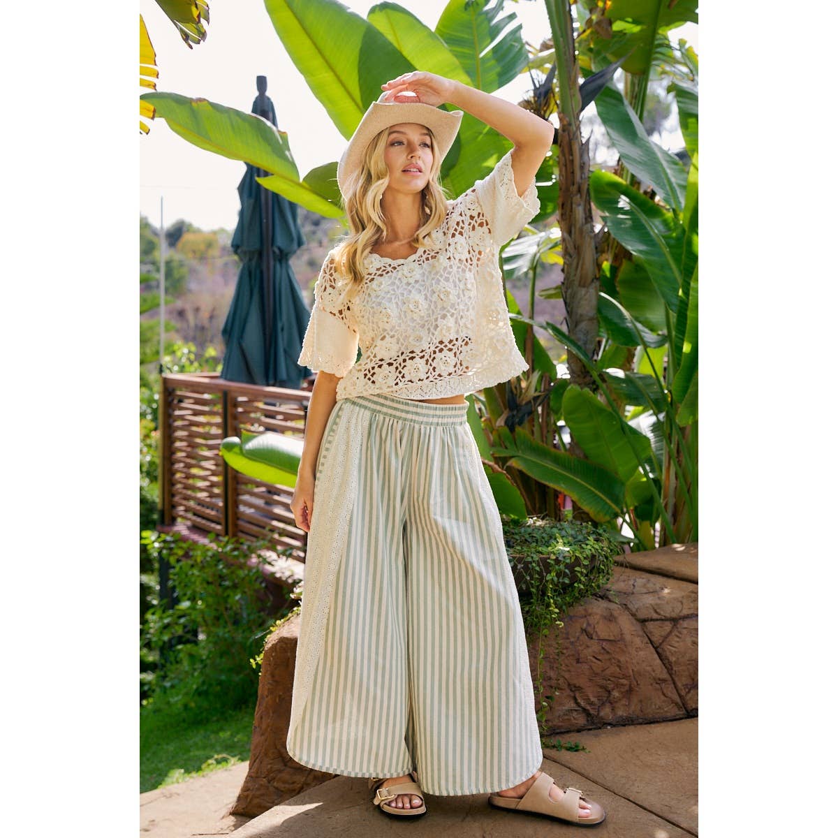 FLORAL EYELET SIDE ELASTIC STRIPES WIDE LEG PANTS