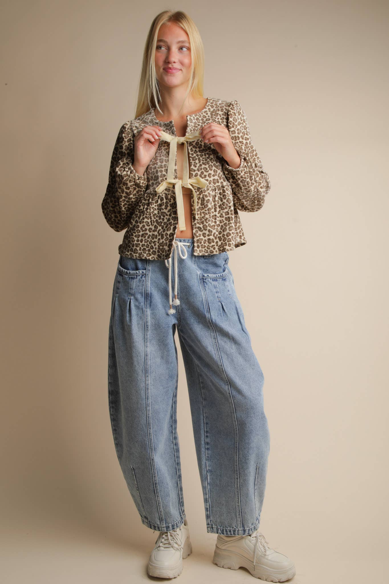 Leopard Printed Front Tie Woven Blouse Top