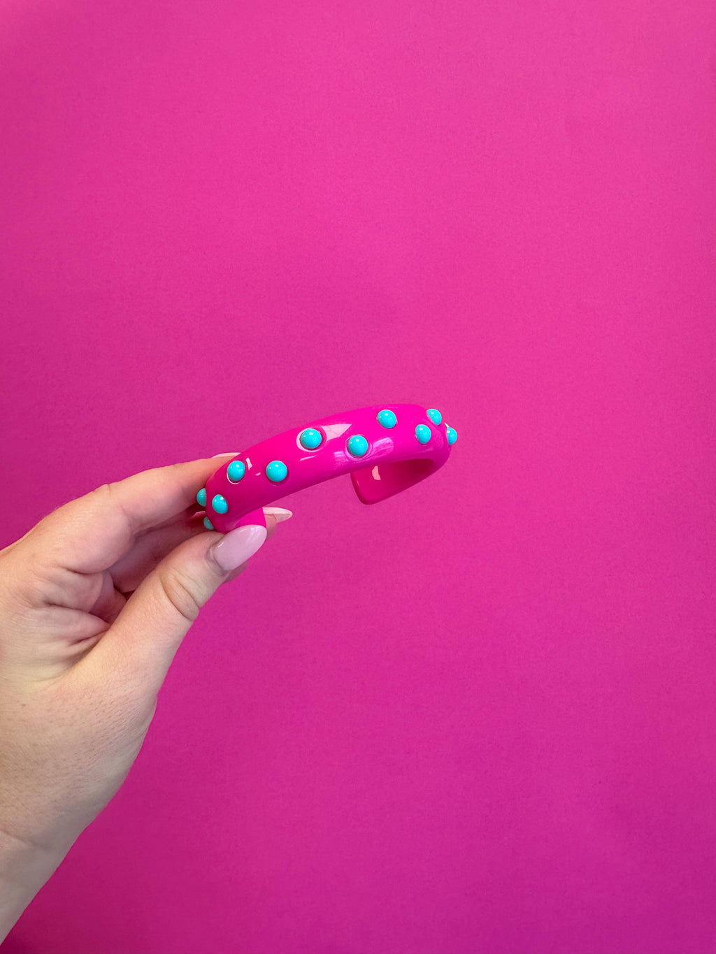 Thin Cuff Bracelet - Pink with Blue Dots