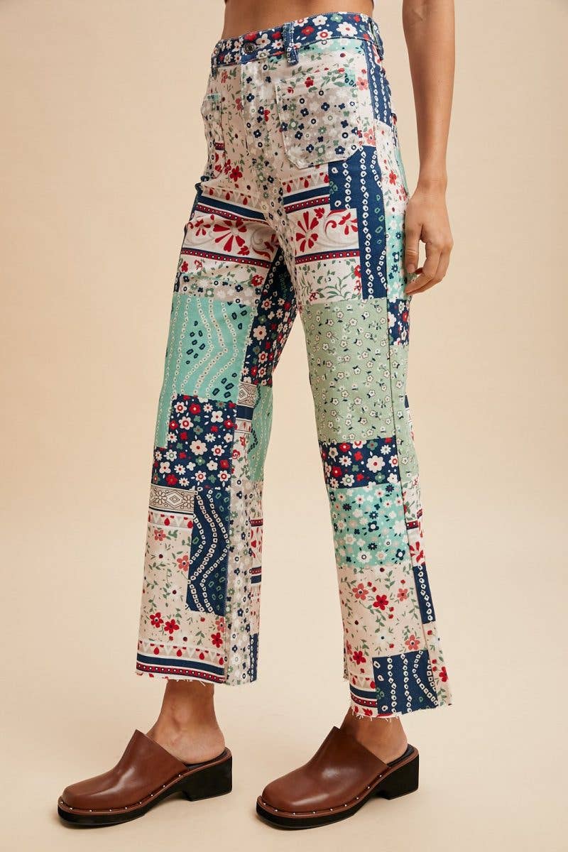Floral Patchwork Print Cropped Flare Pants
