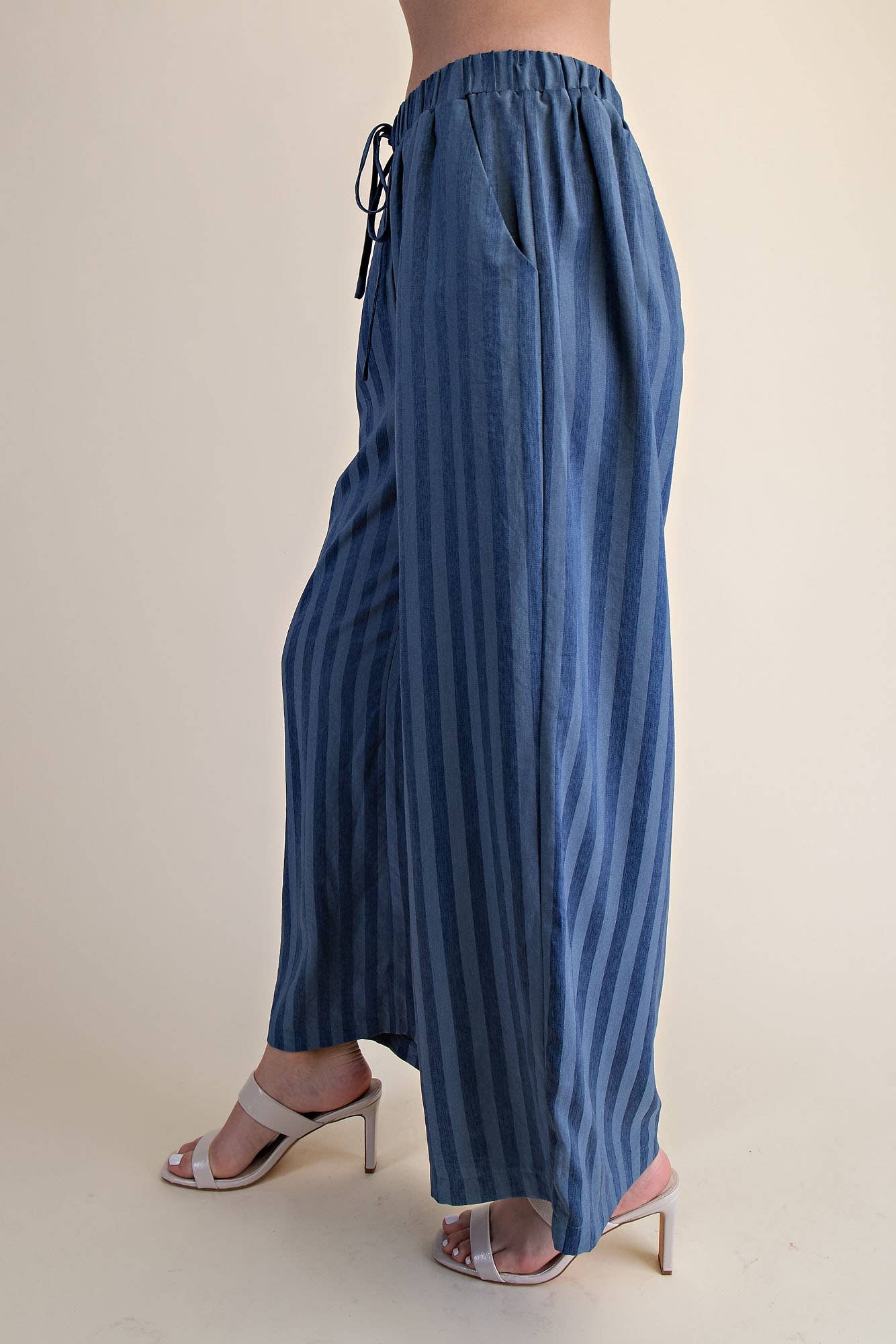 Elastic Band Drawstring Stripe Wide Pants