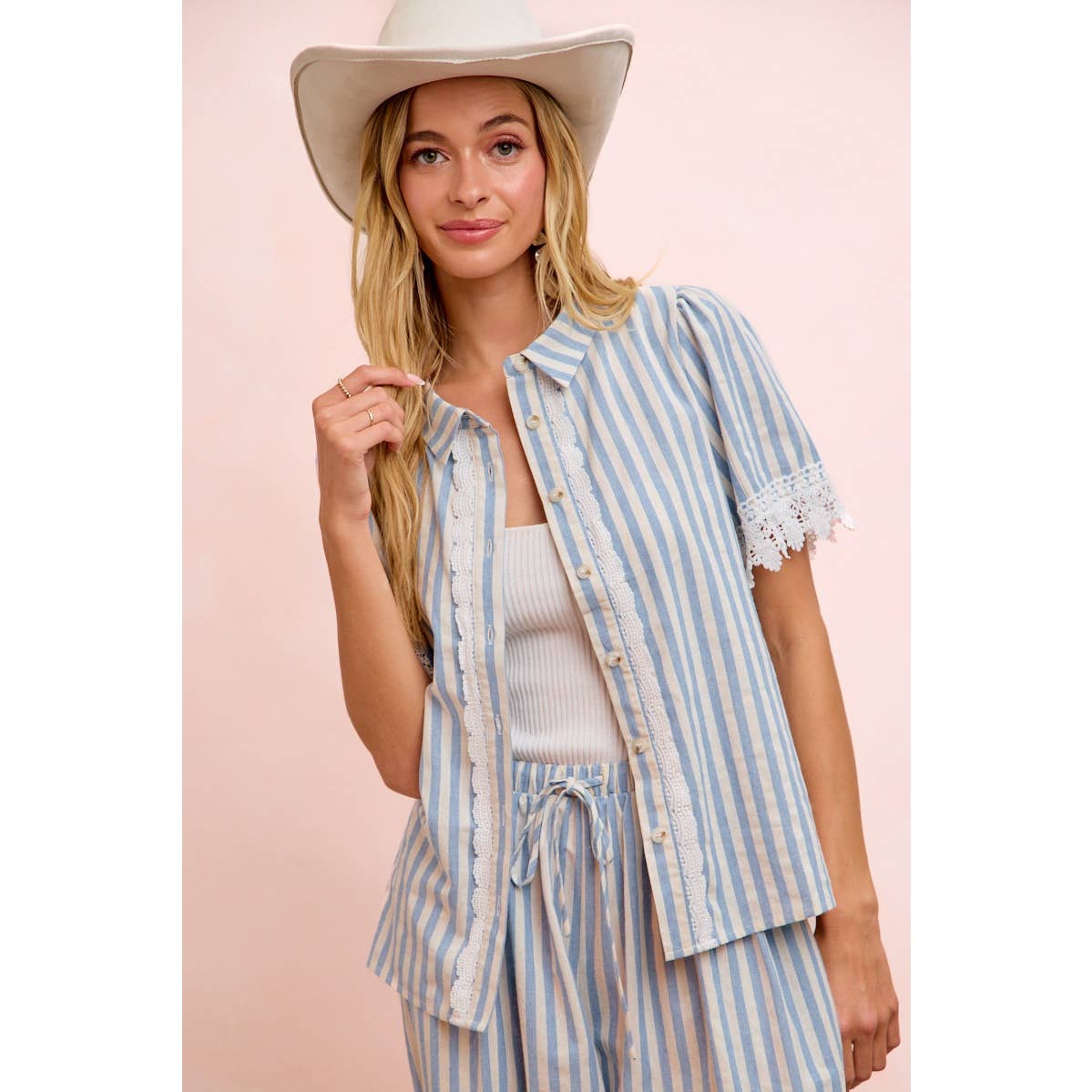 STRIPES LACE TRIM DETAIL SHORT SLEEVES BLOUSE