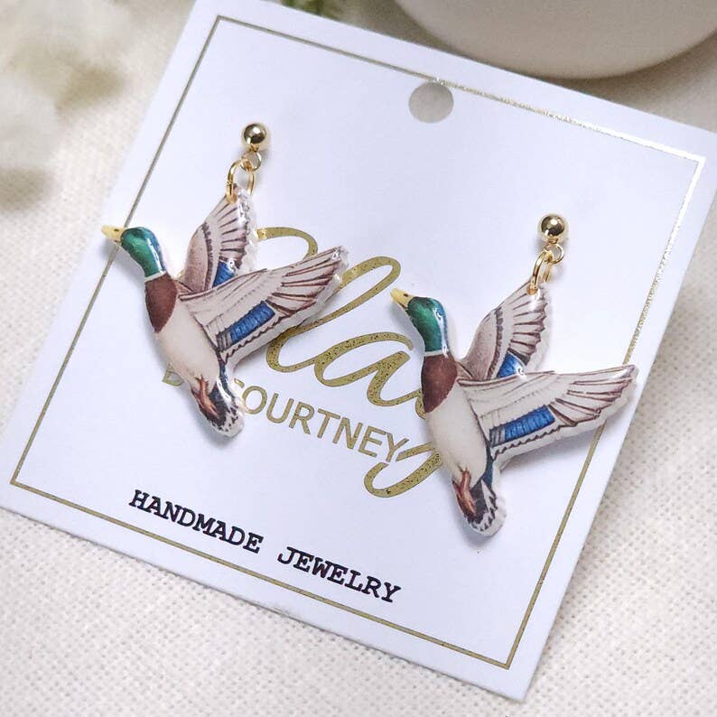 Mallard Duck Earrings, Handmade Polymer Clay Duckling Dangles