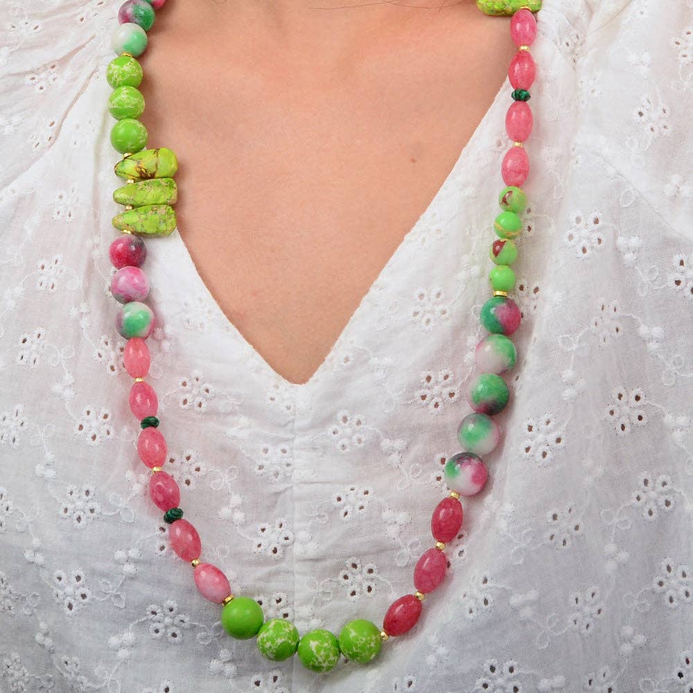 Watermelon Pink Quartz and Lime Green Jasper Long Golden Necklace