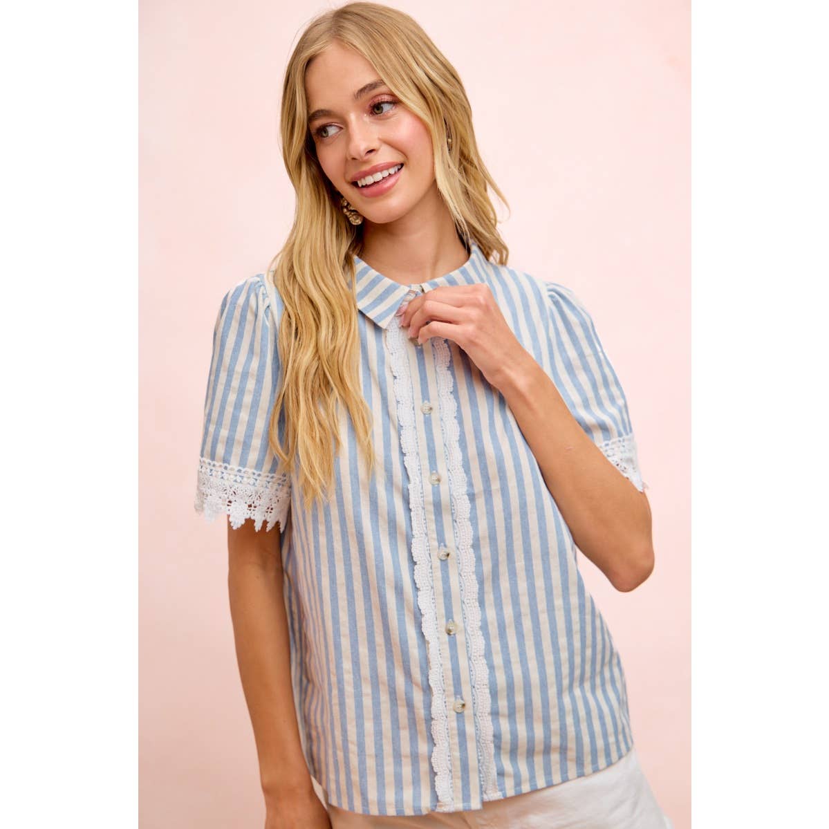 STRIPES LACE TRIM DETAIL SHORT SLEEVES BLOUSE