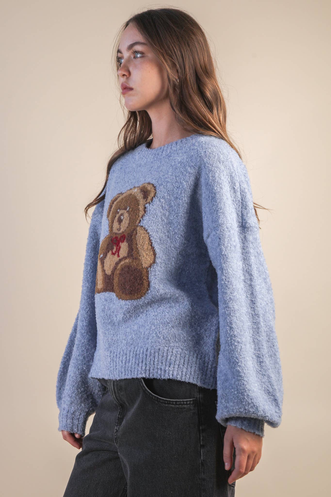 -Teddy Bear Graphic Cozy Sweater Knit Top