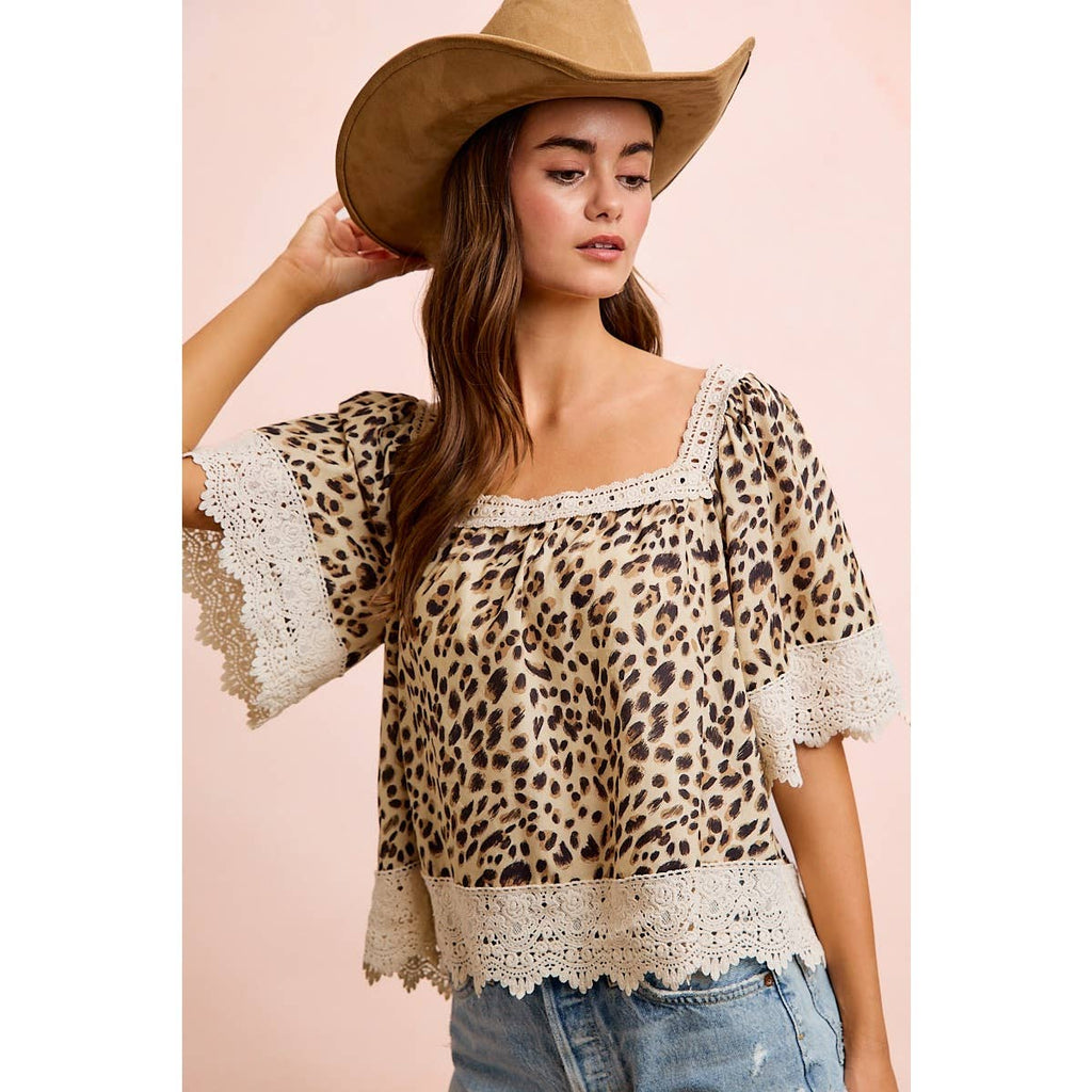 LEOPARD LACE MIX AND MATCH SQUARE NECKLINE TOP