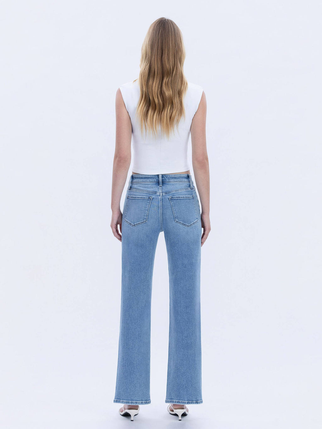 HIGH RISE DISTRESSED HEM SLIM WIDE JEANS