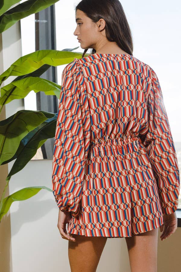 Smocked V-neck Ruffled Geo Printed Woven Romper