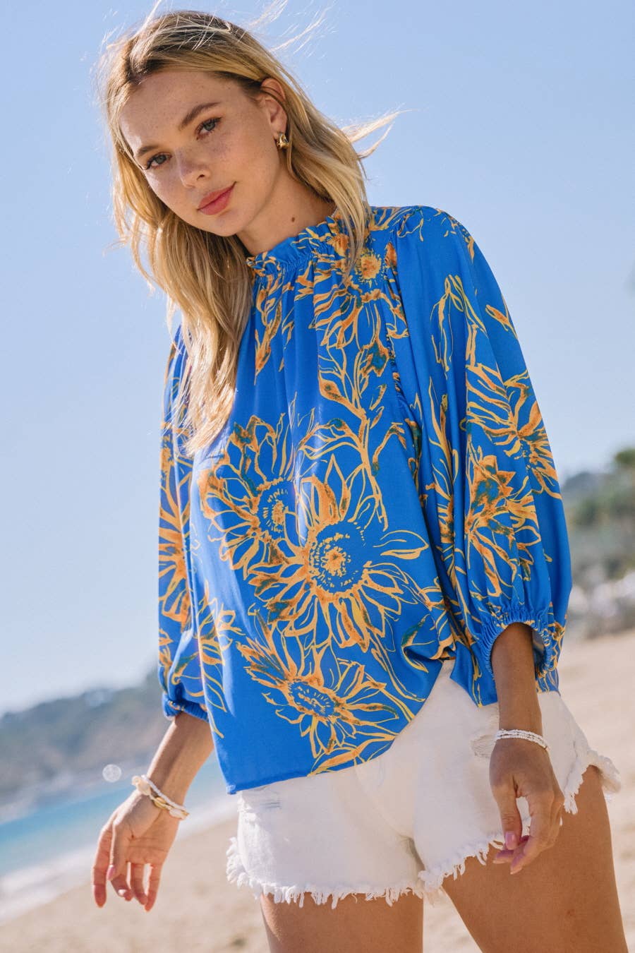 Floral Ruffle Neckline Baby Doll Blouse