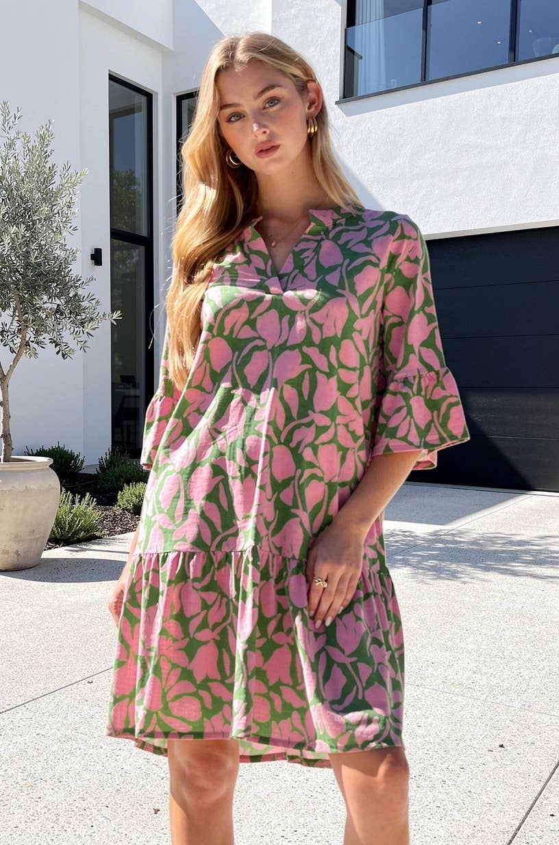Floral Print Shirred Tiered 3/4 Sleeve Dress
