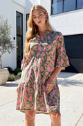 Floral Print Shirred Tiered 3/4 Sleeve Dress