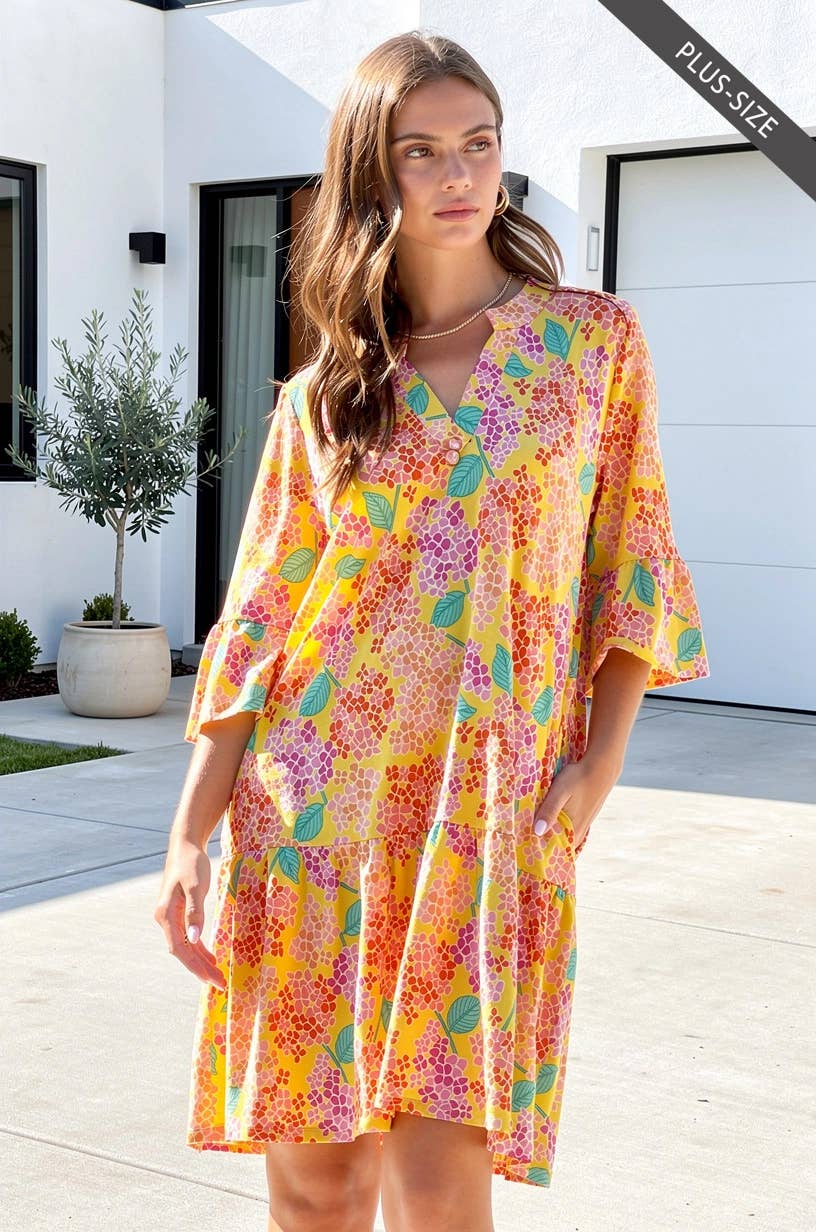 Floral Print Shirred Tiered 3/4 Sleeve Dress
