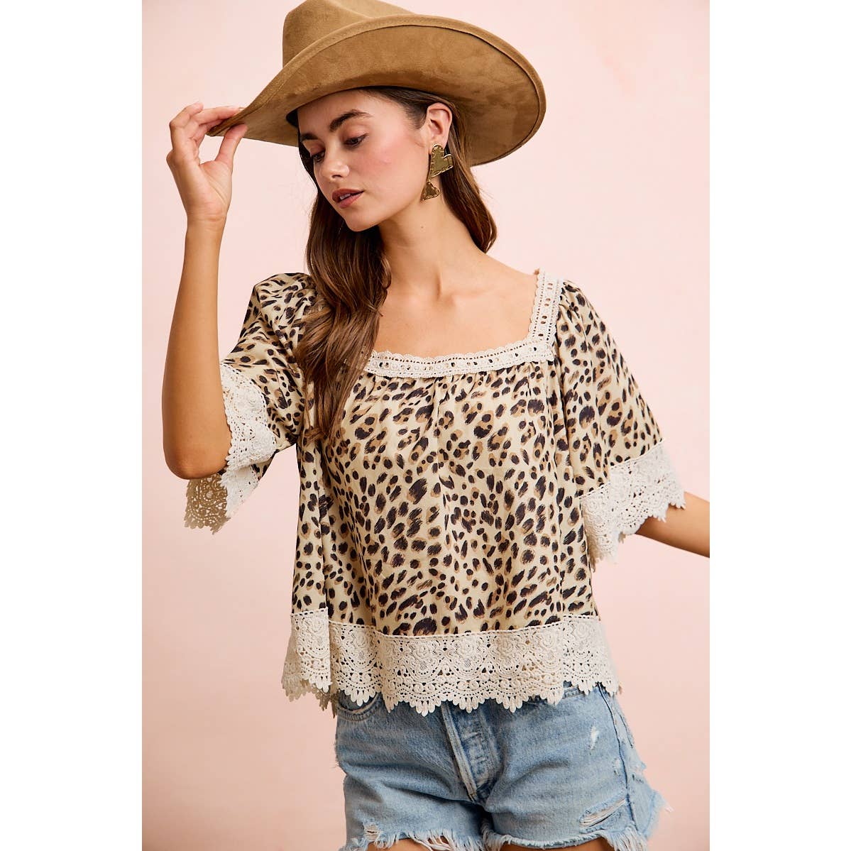 LEOPARD LACE MIX AND MATCH SQUARE NECKLINE TOP