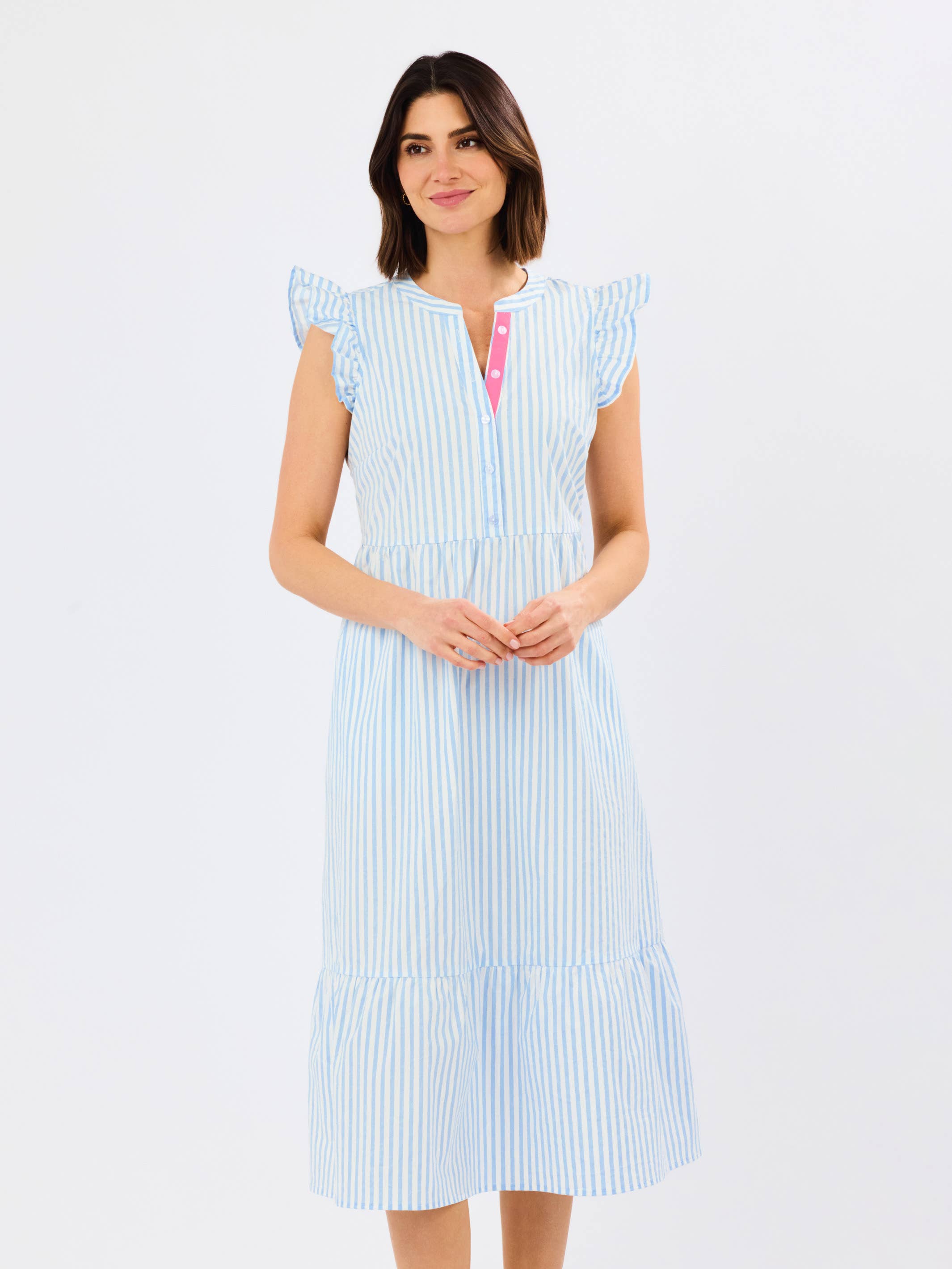 Flutter Sleeve Dress | Pin Stripe Blue