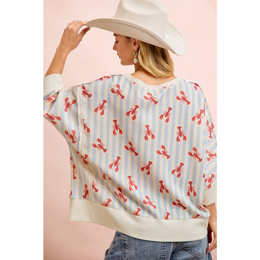 4TH OF JULY LOBSTERS STRIPE WAFFLE KNIT SLEEVE TOP