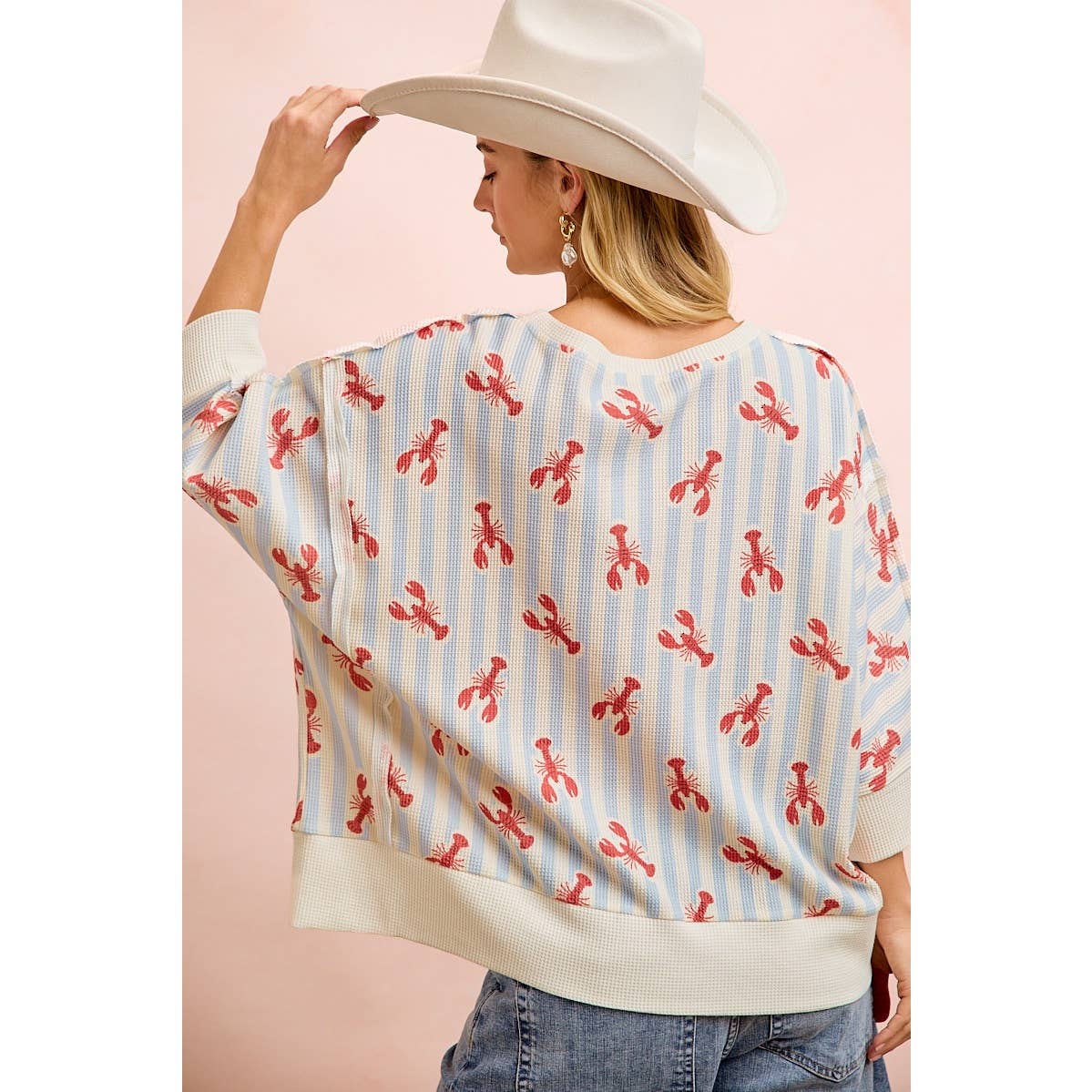 4TH OF JULY LOBSTERS STRIPE WAFFLE KNIT SLEEVE TOP