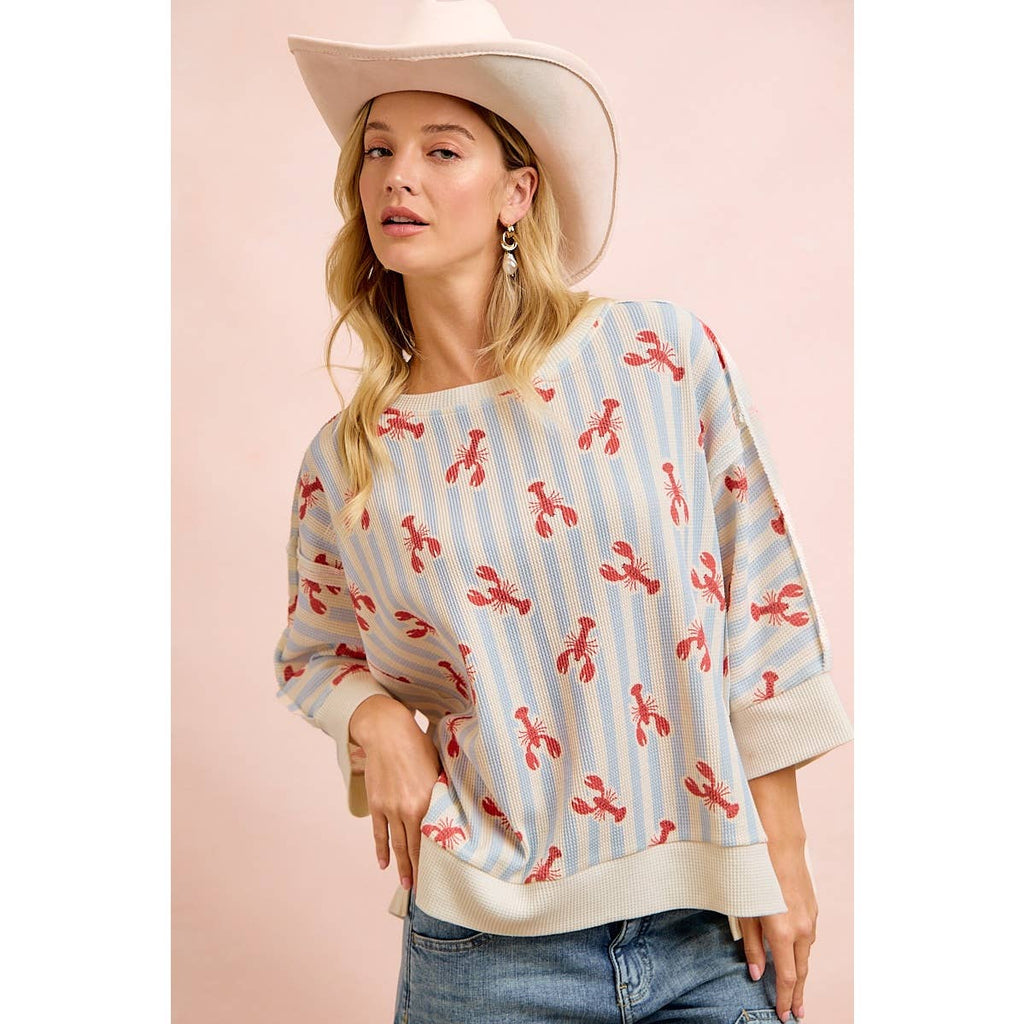4TH OF JULY LOBSTERS STRIPE WAFFLE KNIT SLEEVE TOP