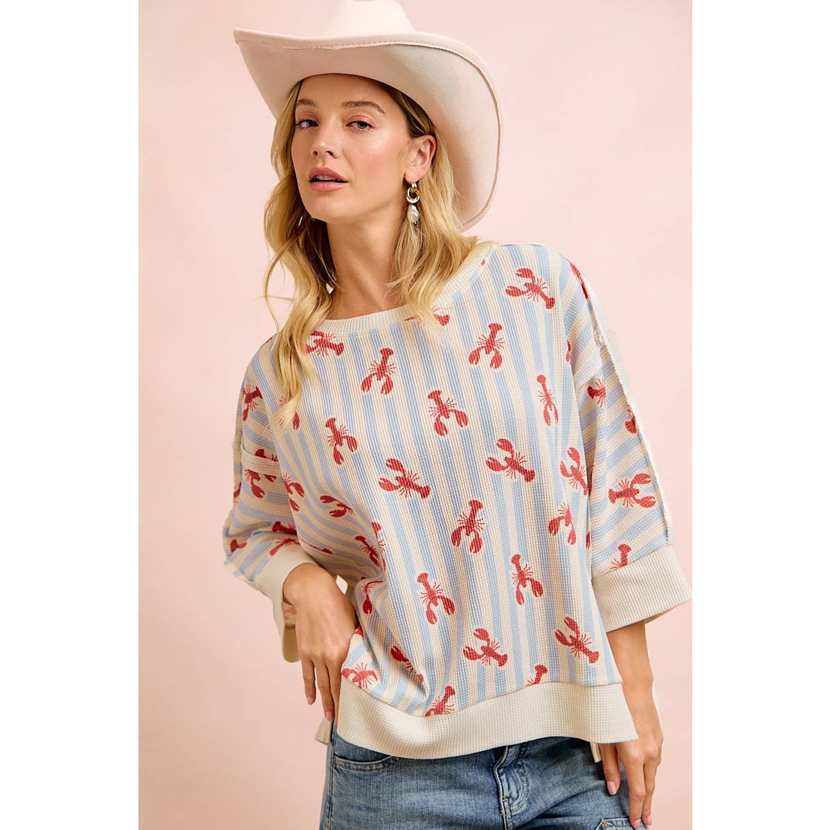 4TH OF JULY LOBSTERS STRIPE WAFFLE KNIT SLEEVE TOP