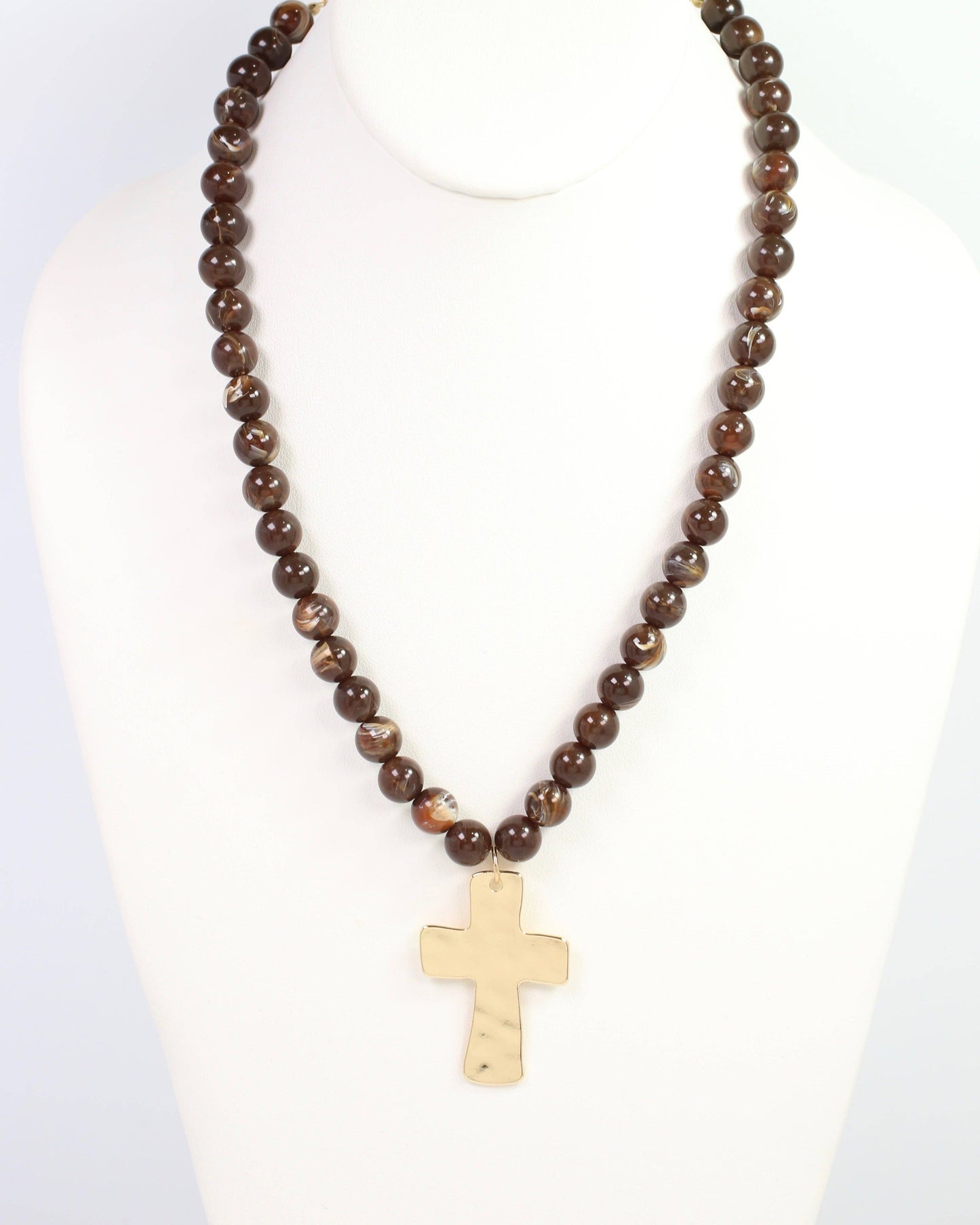 Bakersfield Beaded Cross Necklace Brown