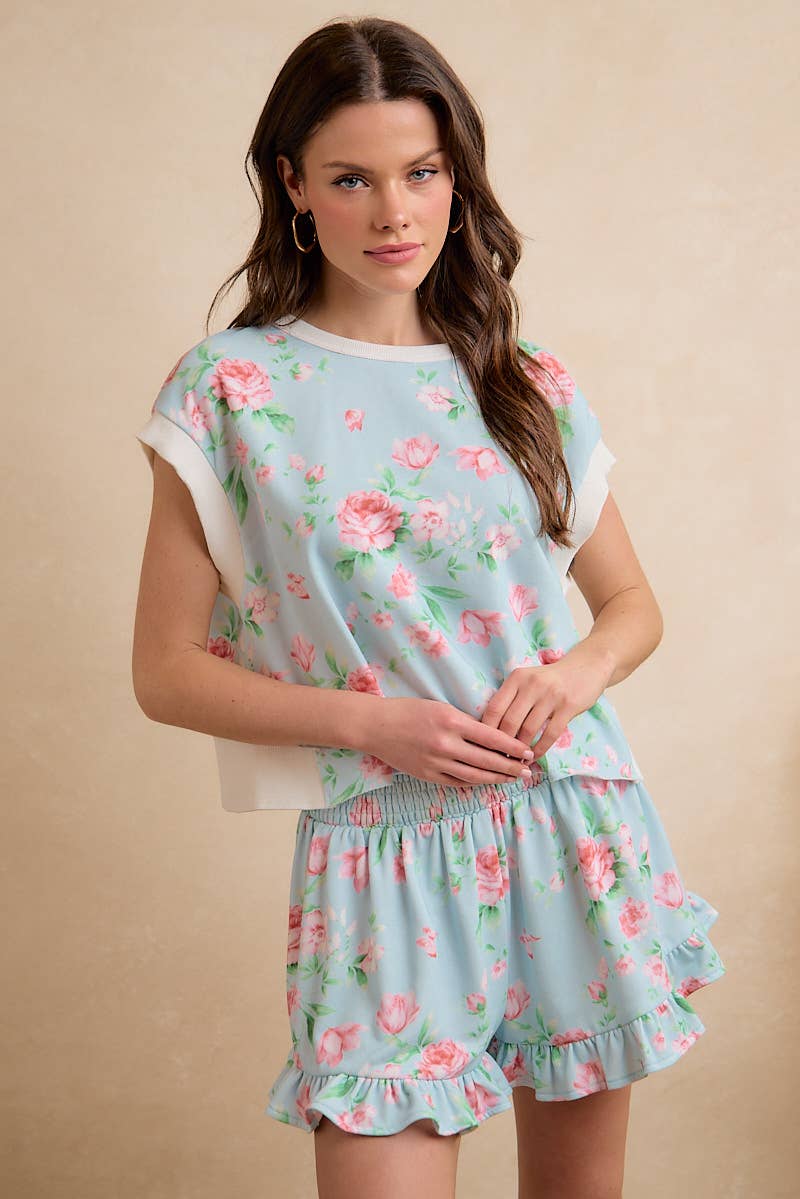 FLORAL PRINTED TERRY OPEN BACK SLEEVELESS TOP