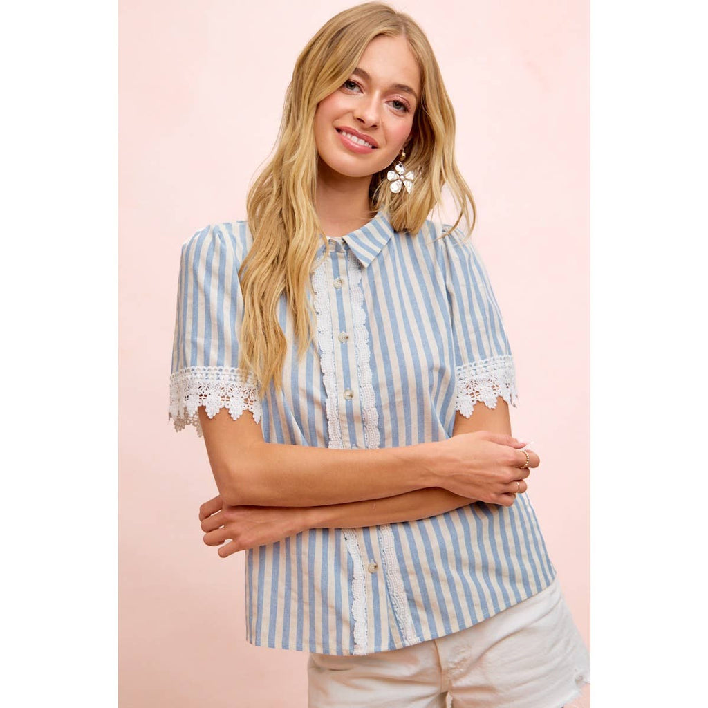 STRIPES LACE TRIM DETAIL SHORT SLEEVES BLOUSE