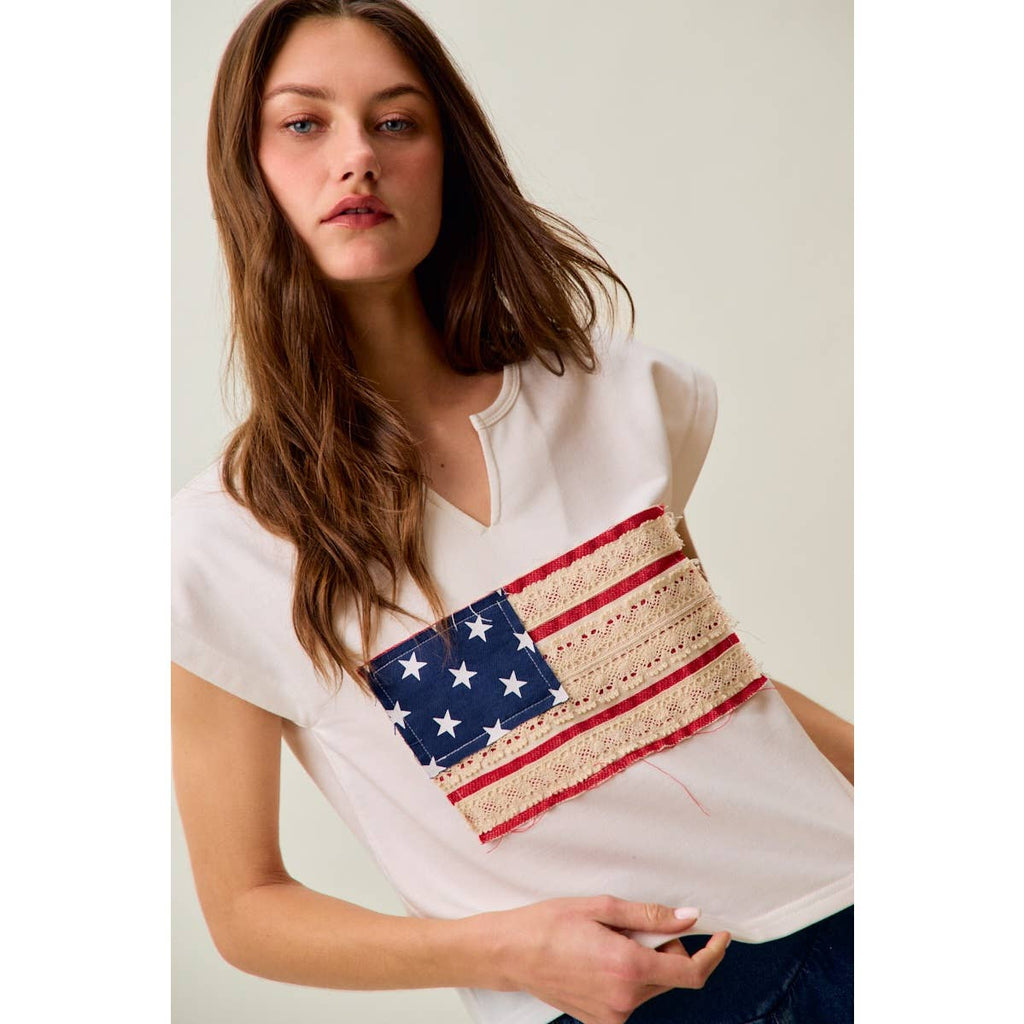 LACE TRIMMED AMERICAN FLAG FOURTH OF JULY 🇺🇸 TERRY KNIT TOP