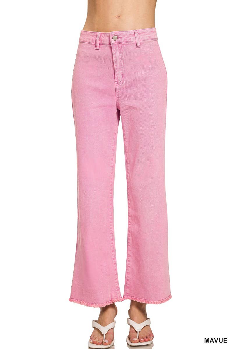 Acid Washed Frayed Cutoff Hem Straight Wide Pants