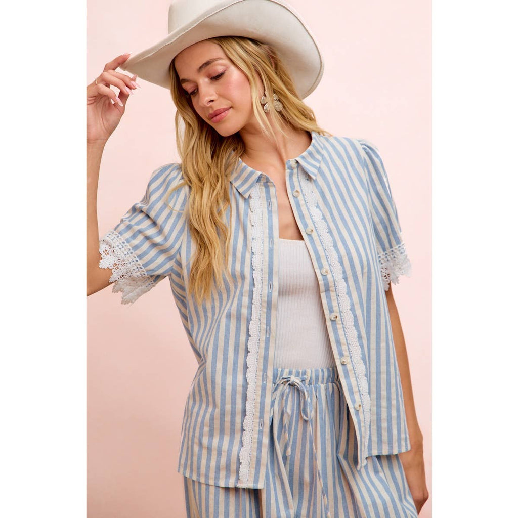 STRIPES LACE TRIM DETAIL SHORT SLEEVES BLOUSE