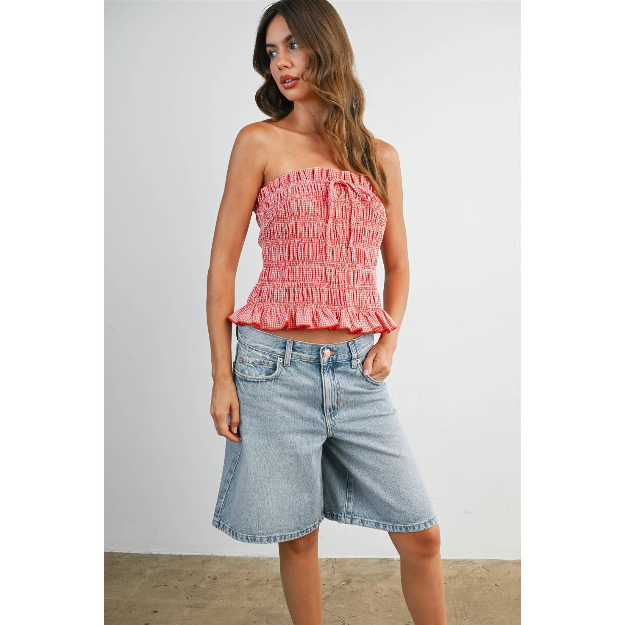 Bow Front Ruffle-Trimmed Tube Top -