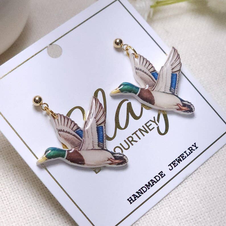 Mallard Duck Earrings, Handmade Polymer Clay Duckling Dangles