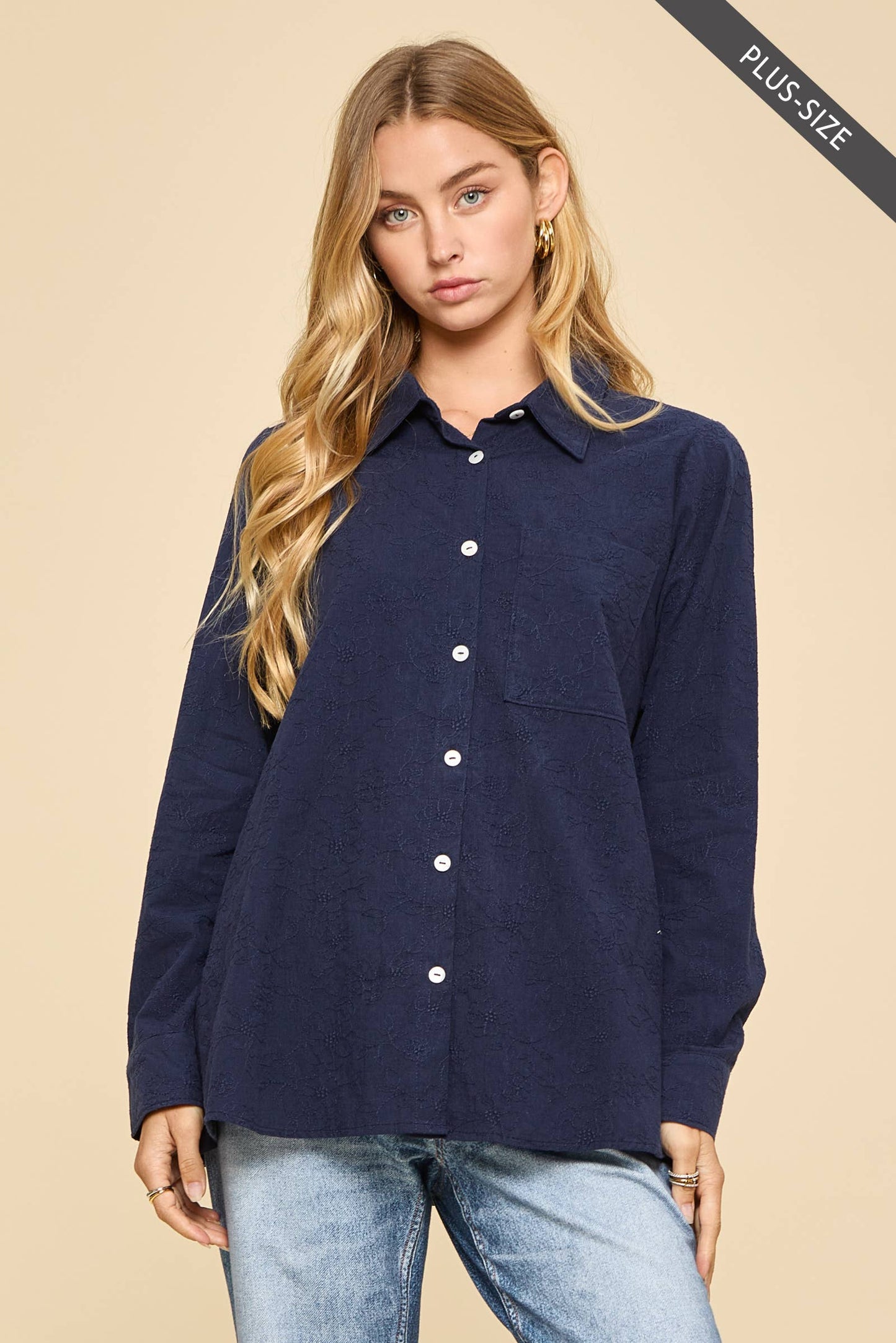 Curvy Embroidered Button-Up Blouse
