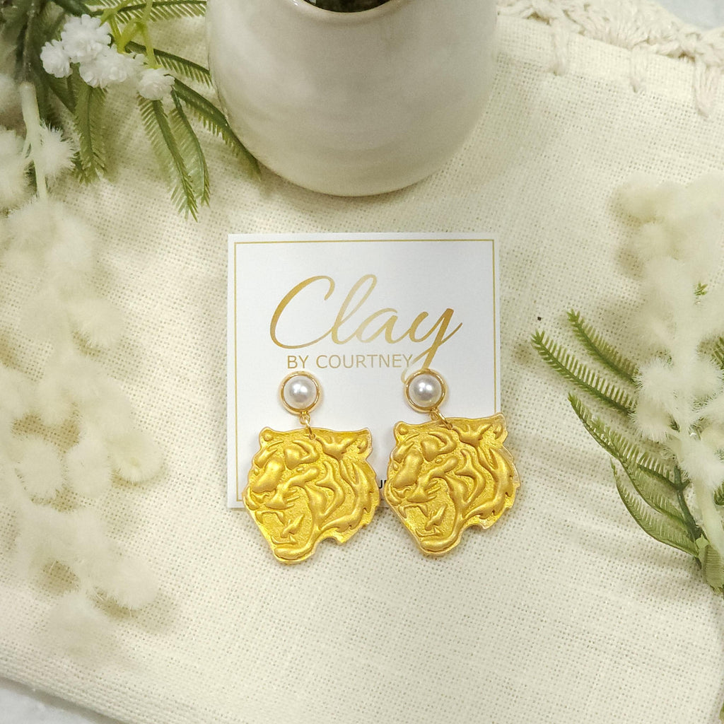 Gold Tiger Head Polymer Clay Earrings with Pearl Stud