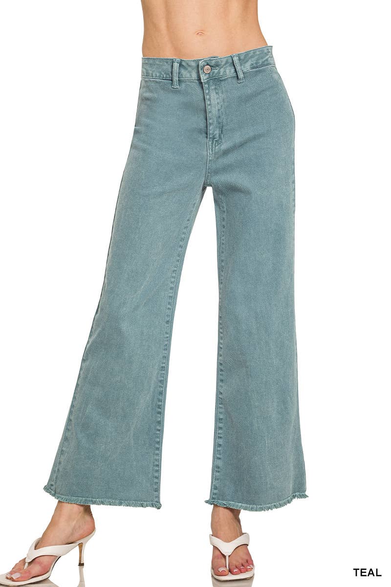 Acid Washed Frayed Cutoff Hem Straight Wide Pants